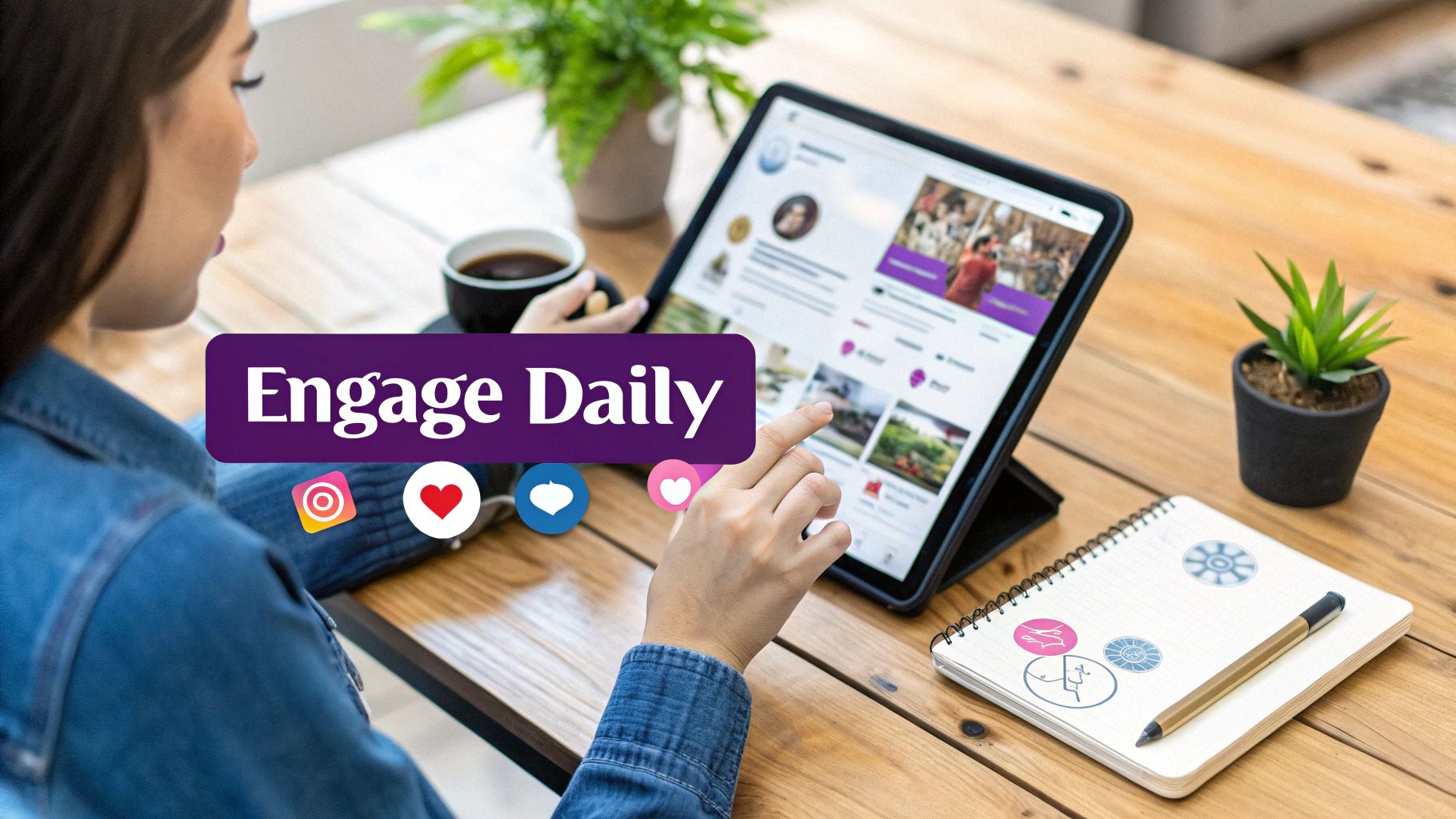 Woman using tablet for social media engagement with coffee on wooden desk workspace