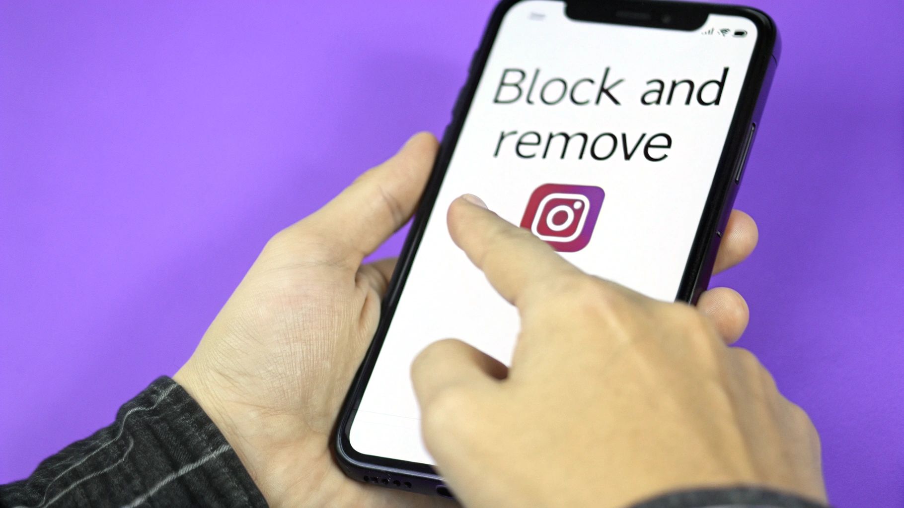 Person holding smartphone with Instagram logo and block and remove text on screen
