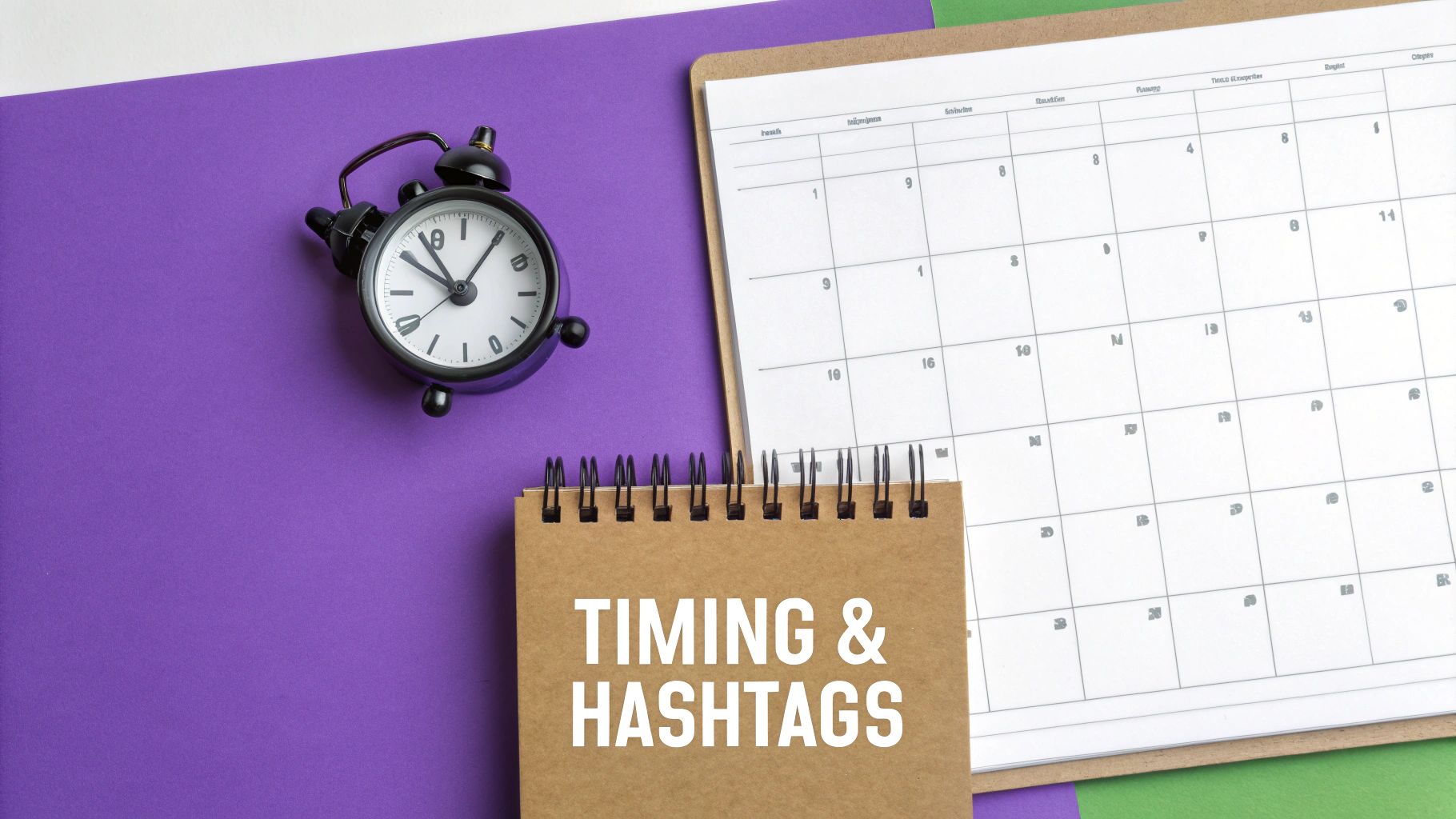 A split-screen image showing a calendar for post scheduling on one side and a cloud of relevant hashtags on the other.