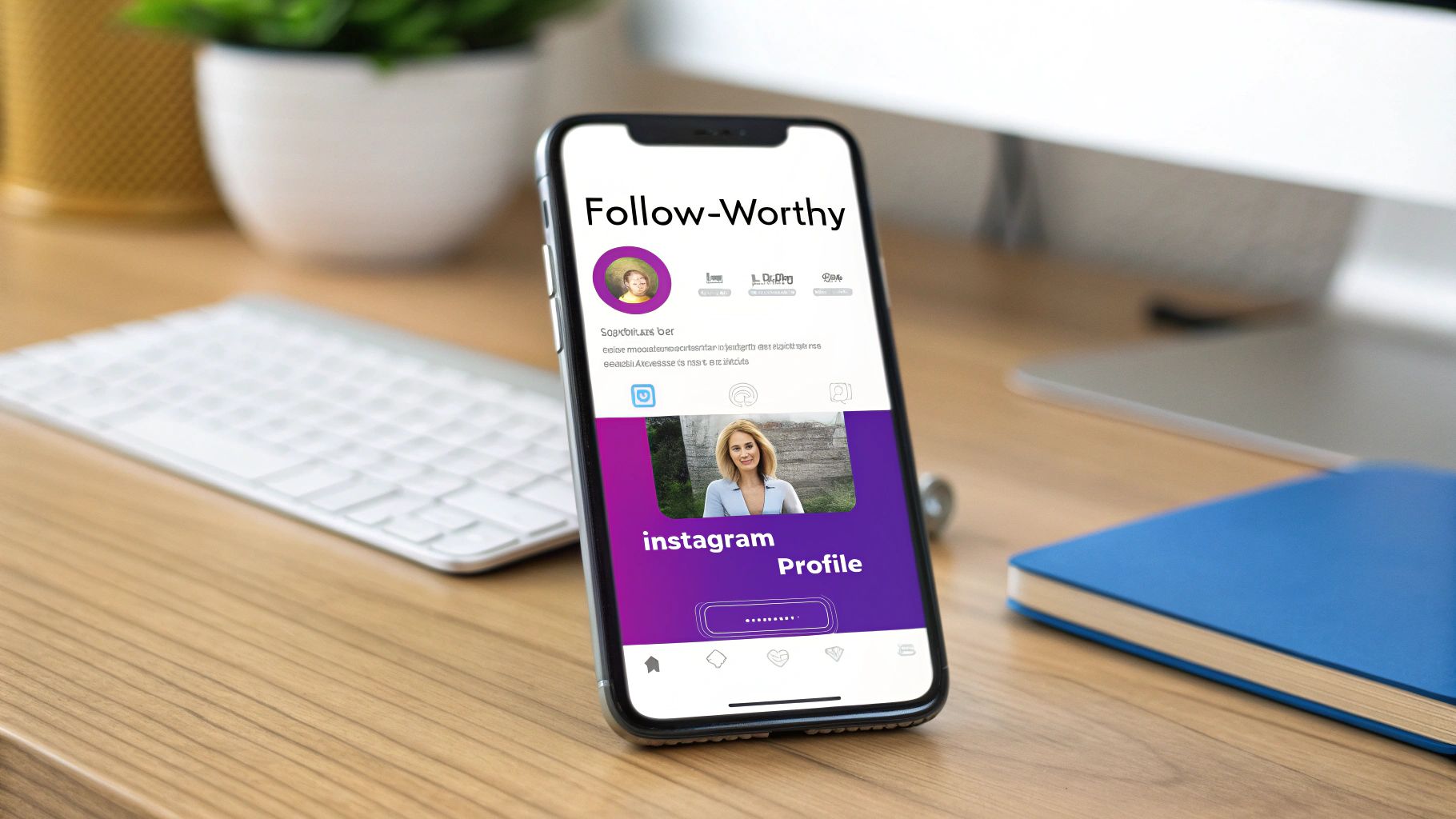 Smartphone displaying Instagram profile interface with follow-worthy text and purple branding on desk