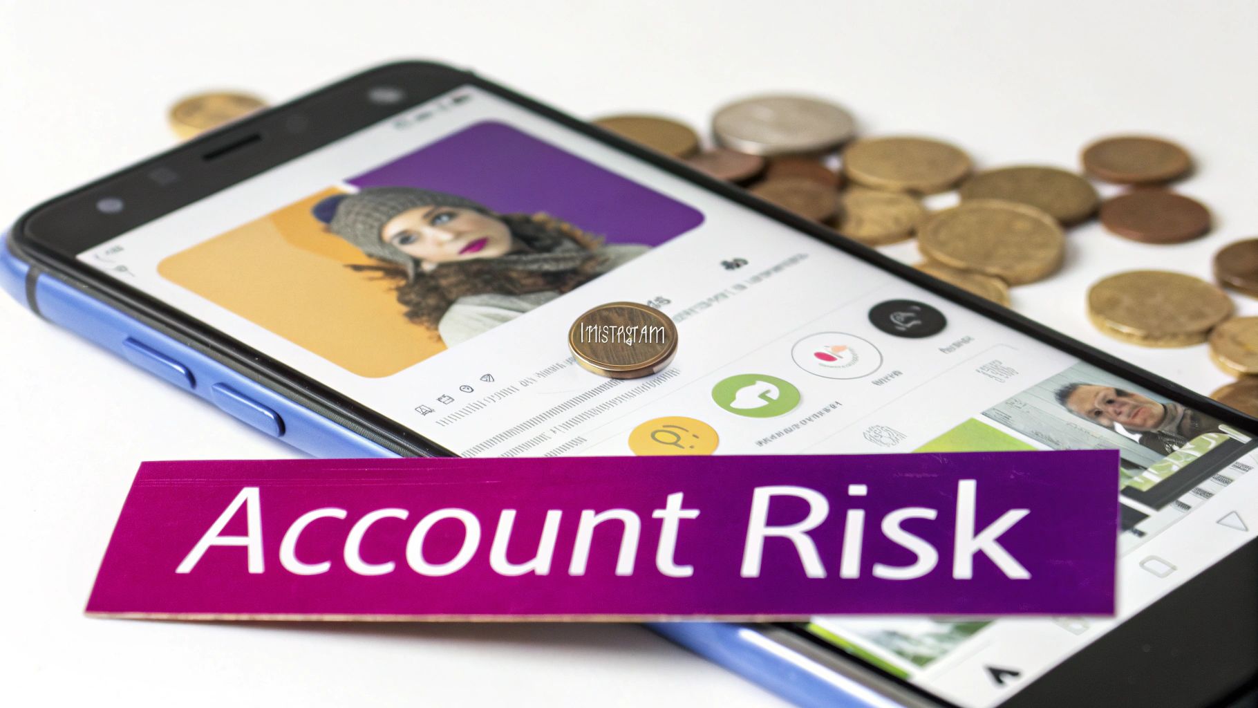 A smartphone displaying a social media profile, with an 'Account Risk' card and coins, symbolizing online account security.