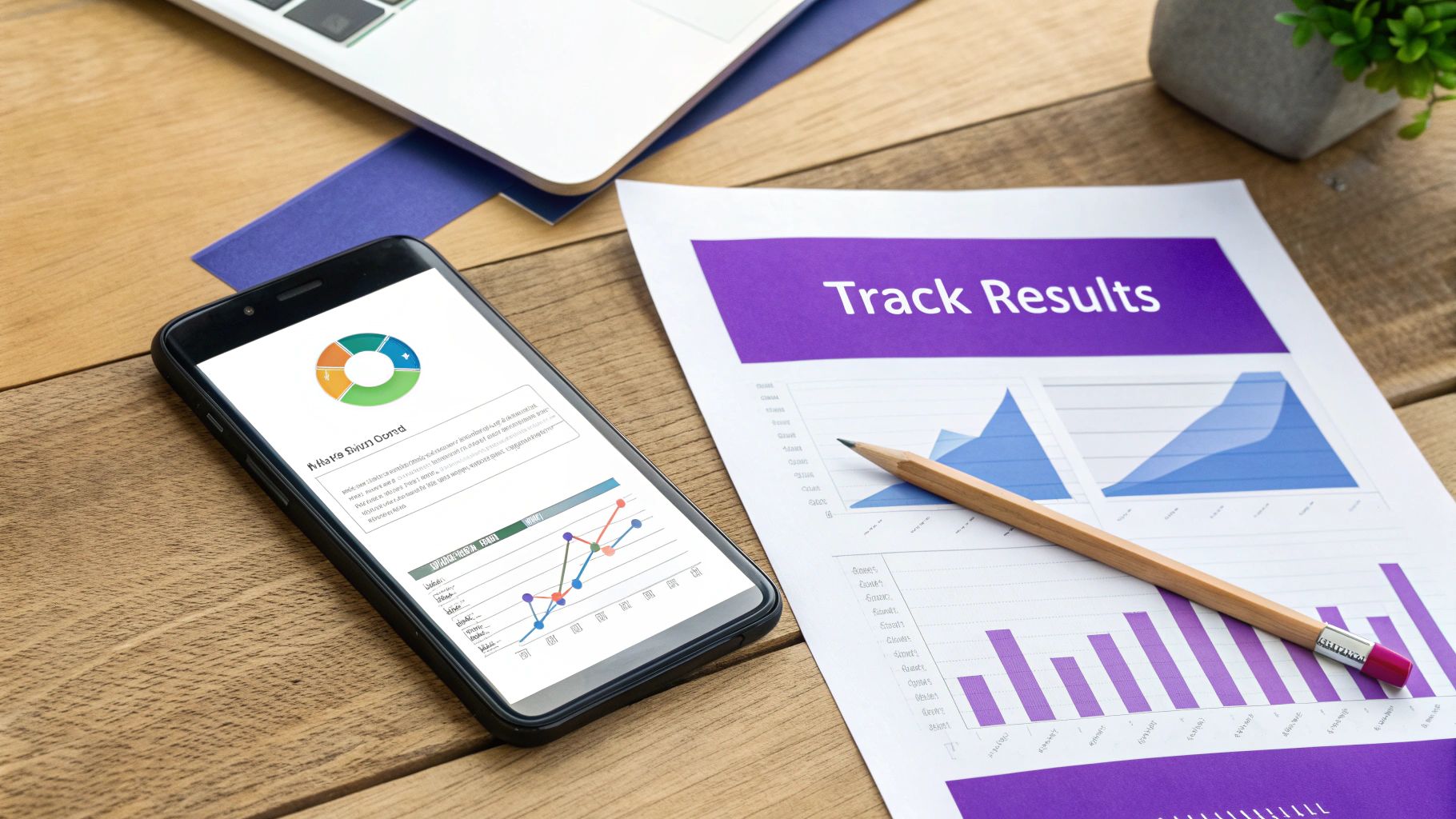 A hand holding a smartphone displaying an Instagram analytics screen with various performance metrics.