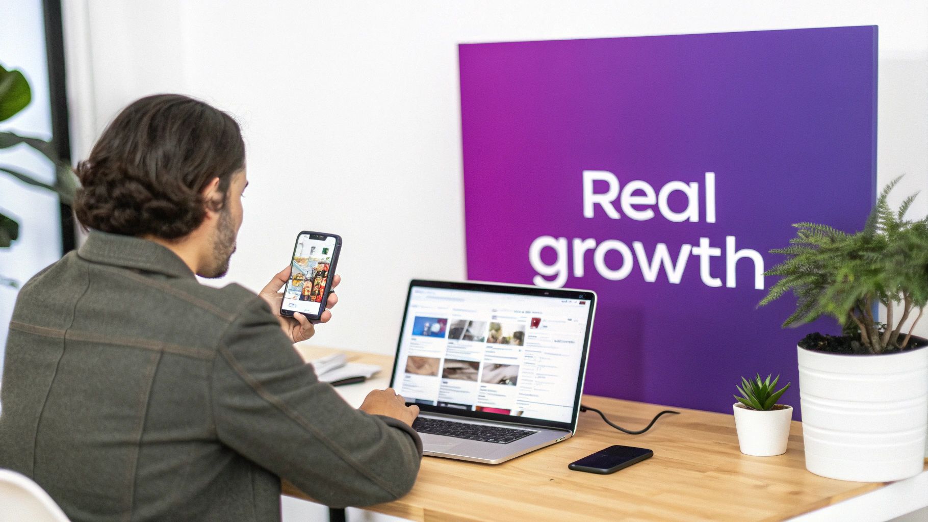 A person looking thoughtfully at a phone displaying Instagram analytics.