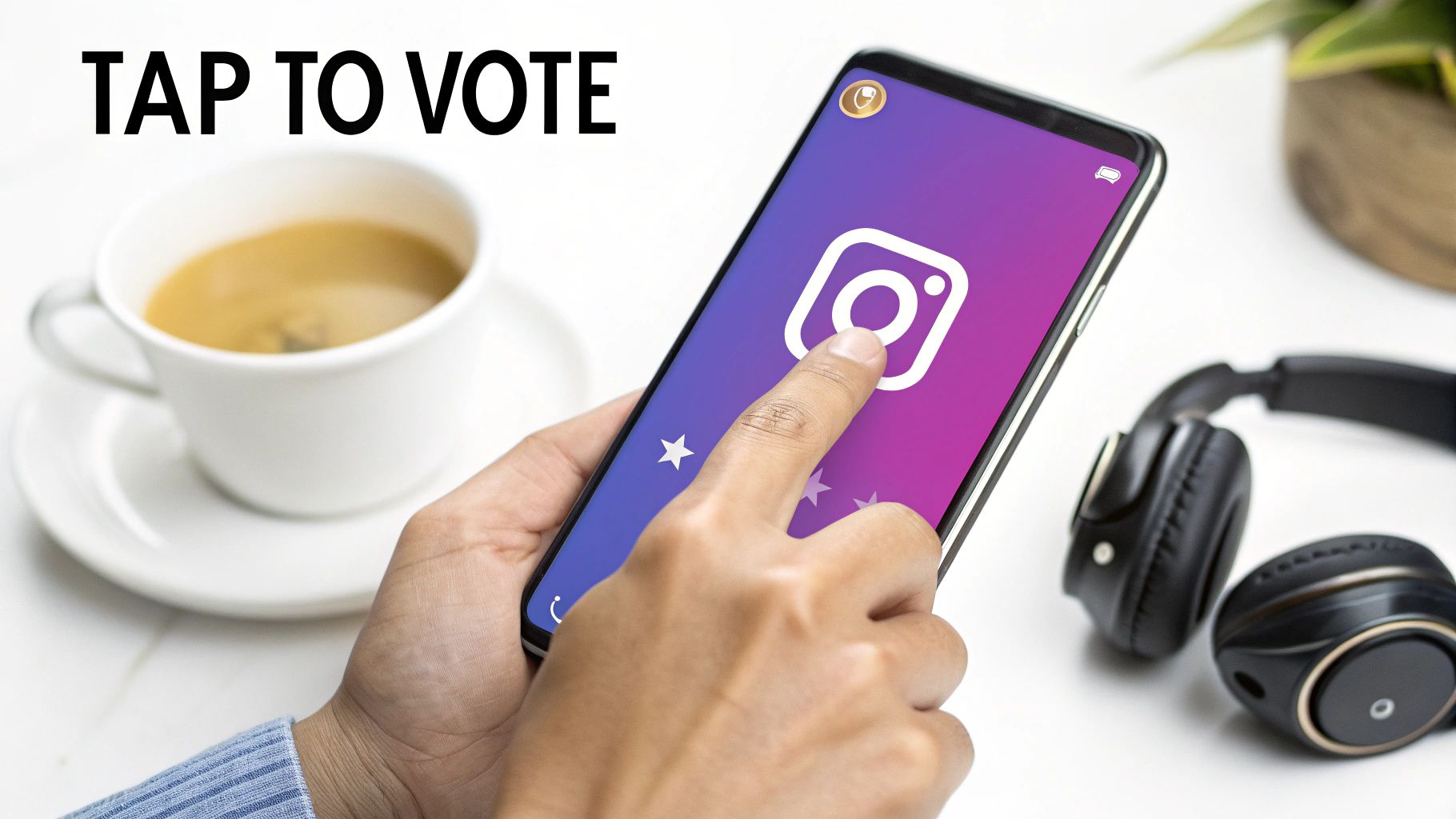 A hand taps an Instagram app on a smartphone, with "TAP TO VOTE" text.
