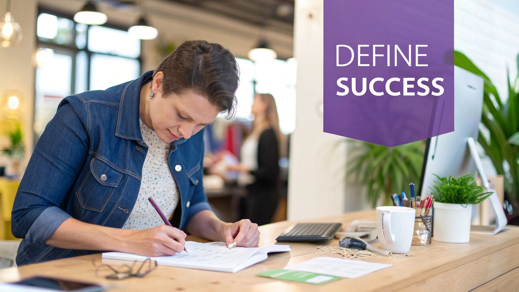 A person's hands holding a smartphone, with a laptop and a notebook in the background, representing social media planning.