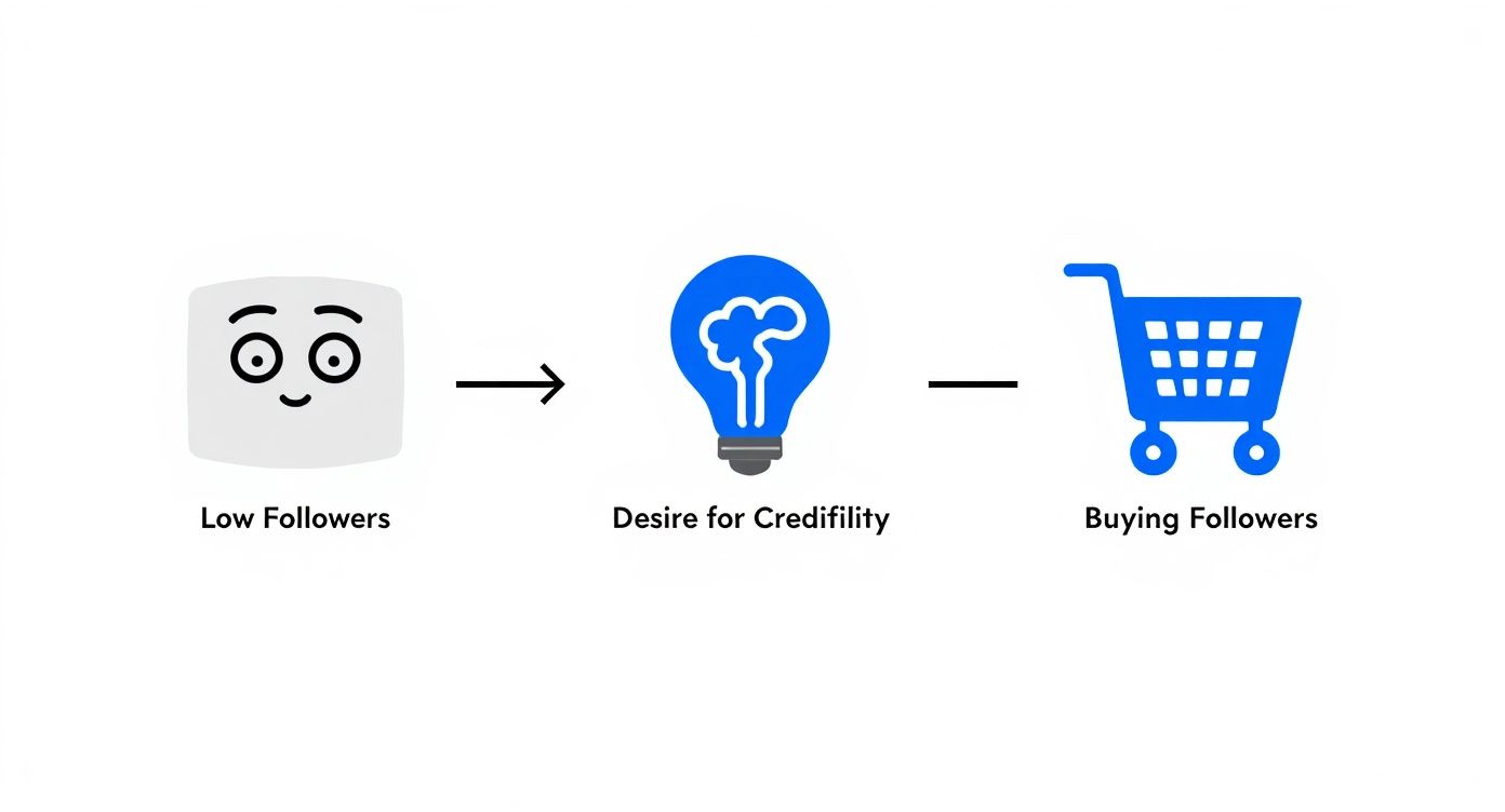 Diagram showing low followers leading to desire for credibility, then to buying followers.