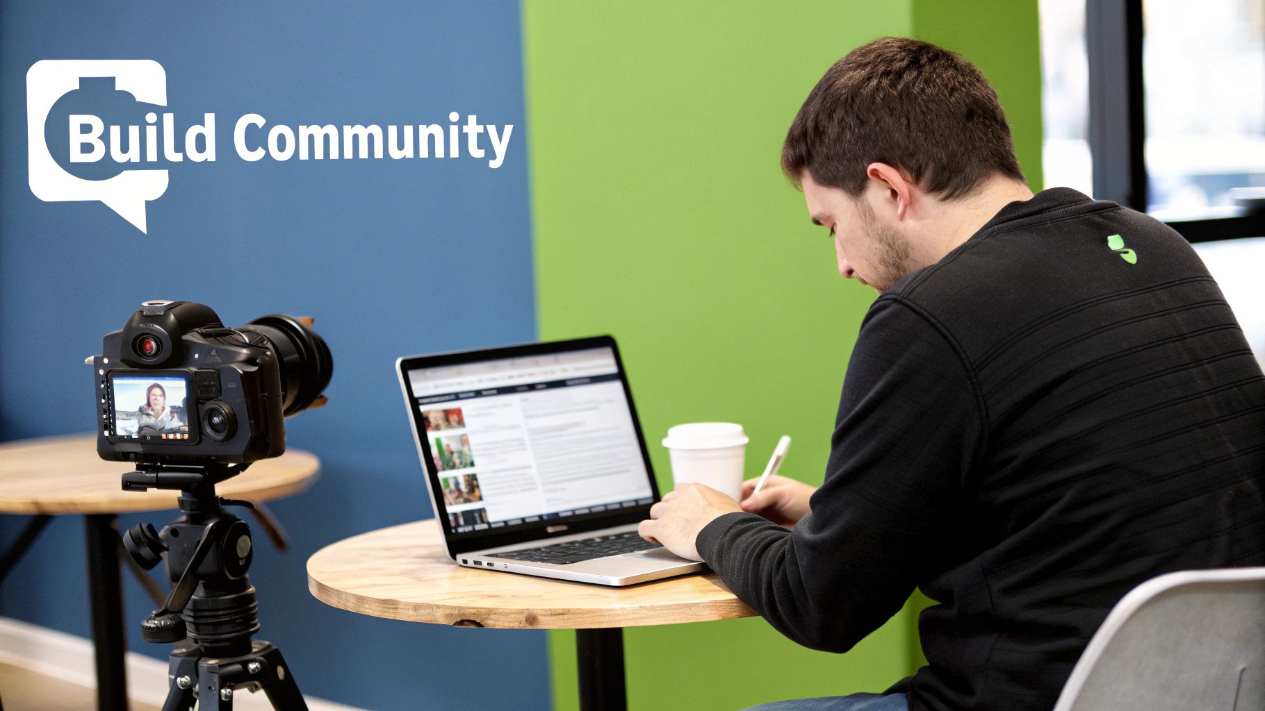 Um grupo de pessoas diferentes reunidas alegremente à volta de um smartphone com uma interface do Instagram.