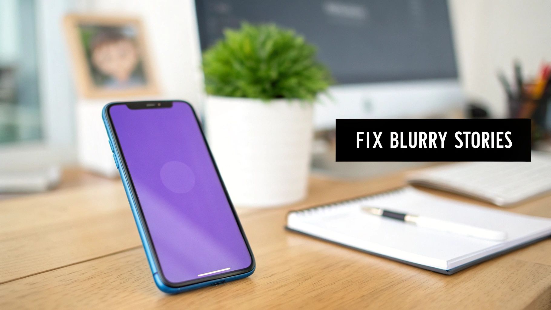 A creator's smartphone showing a crisp, clear Instagram Story being uploaded, with a background of editing software on a computer screen.
