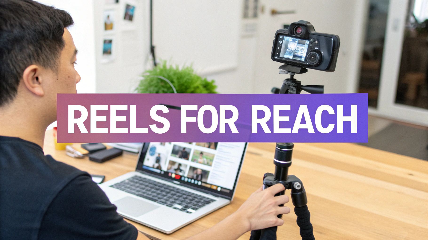 Content creator filming Instagram Reels with camera on tripod for social media growth strategy