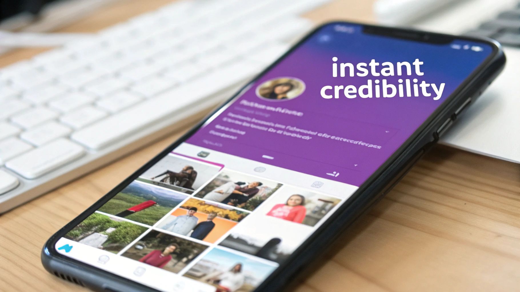 A person holding a phone showing Instagram with a growing follower count.