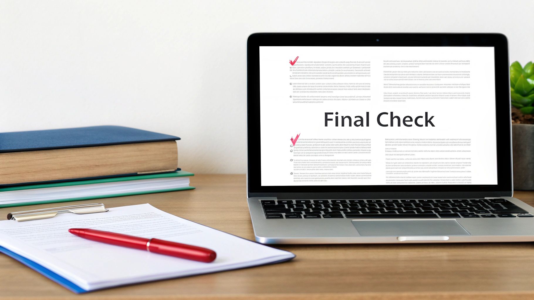 A desk with a laptop displaying 'Final Check', stacked books, a clipboard, and a red pen.