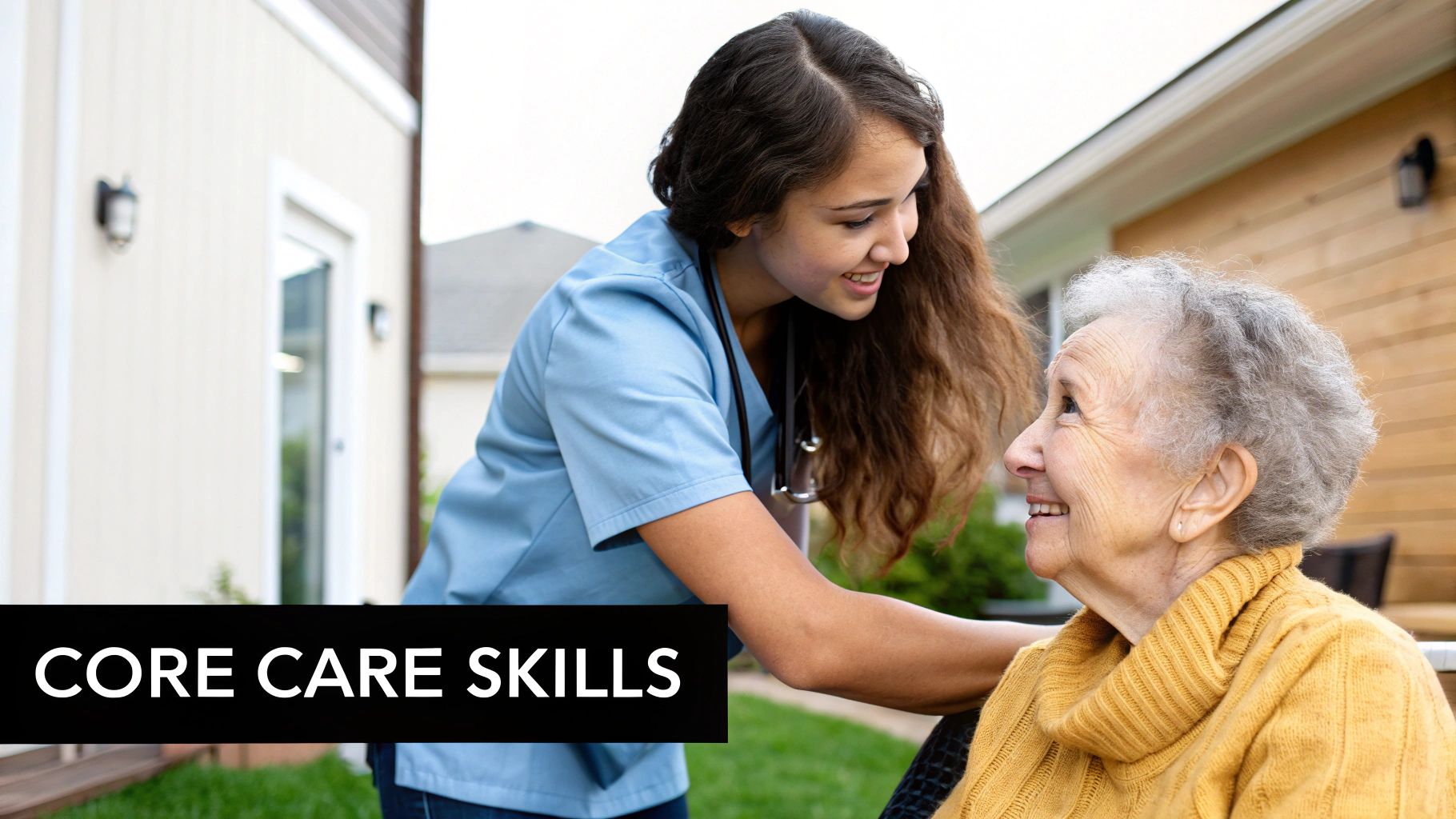 A compassionate care worker in blue scrubs smiles while assisting an elderly woman outdoors.