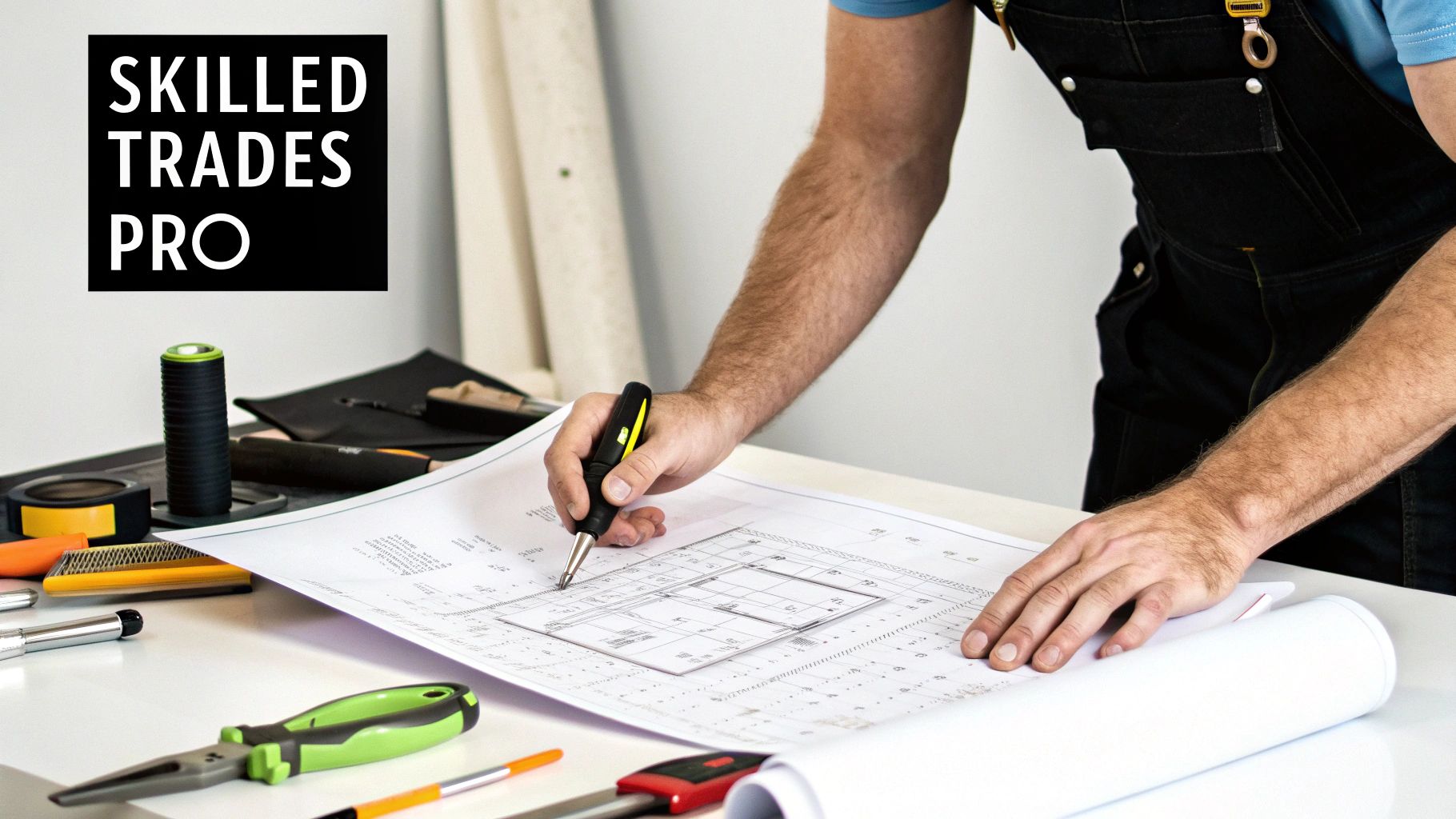 A person in black overalls uses a tool to review building blueprints on a desk surrounded by trade tools.