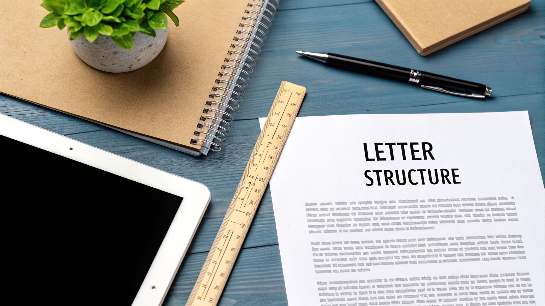 Flat lay desk with 'LETTER STRUCTURE' document, tablet, notebook, pen, ruler, and green plant.