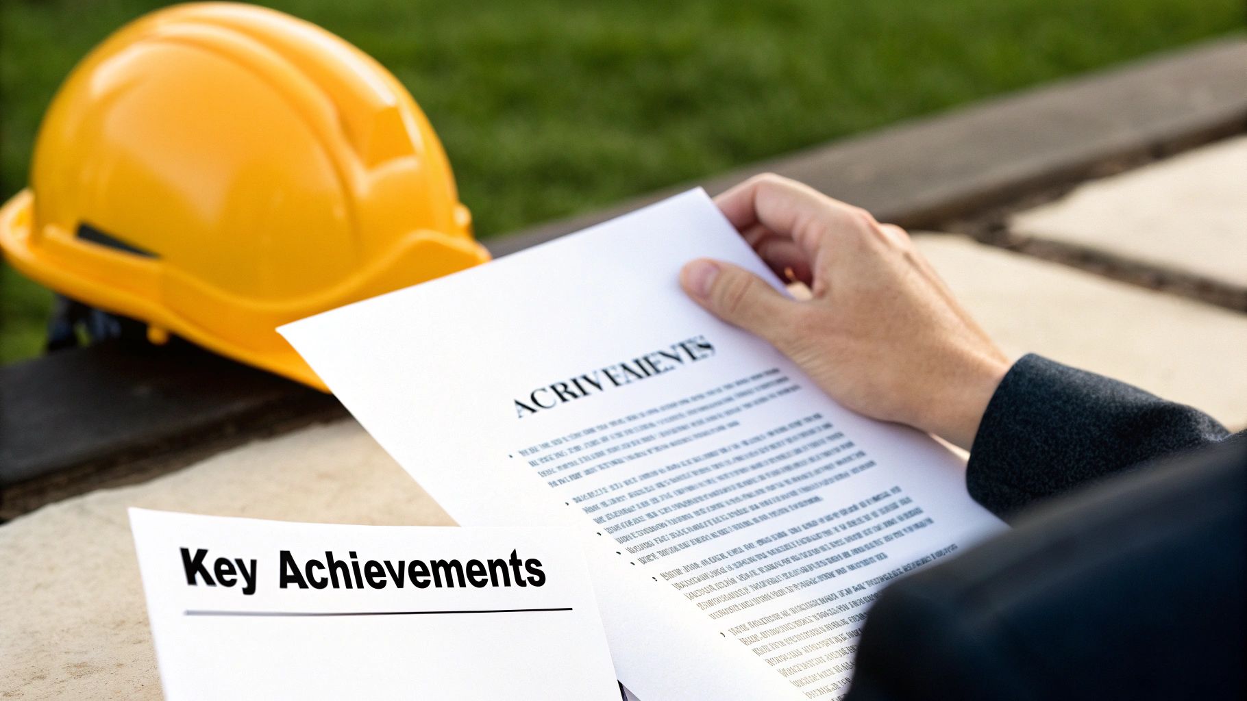 A person holds a document with achievements, while a yellow hard hat and another document titled 'Key Achievements' are nearby.