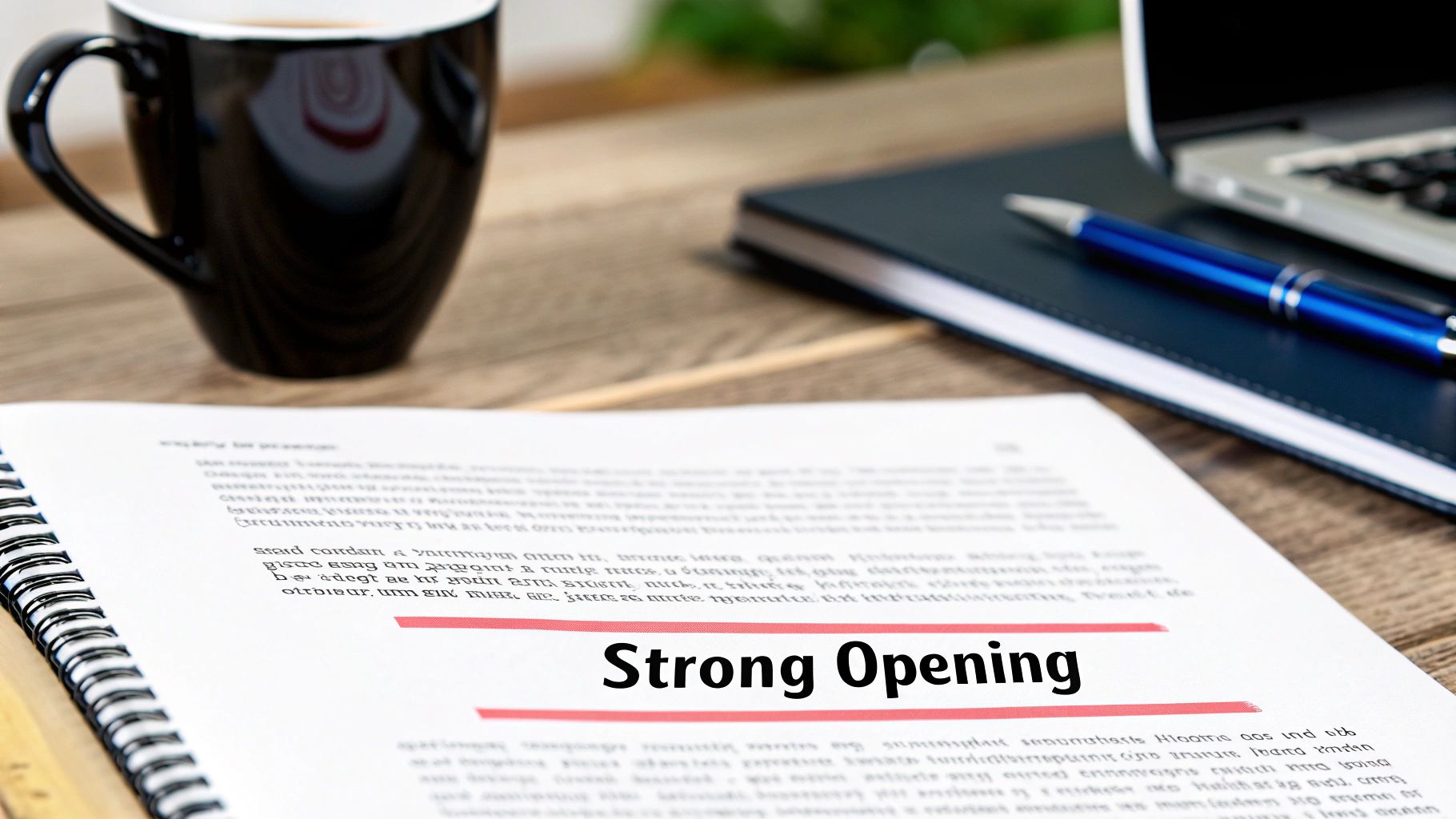 A document with 'Strong Opening' highlighted in red, on a desk with a coffee mug and laptop.