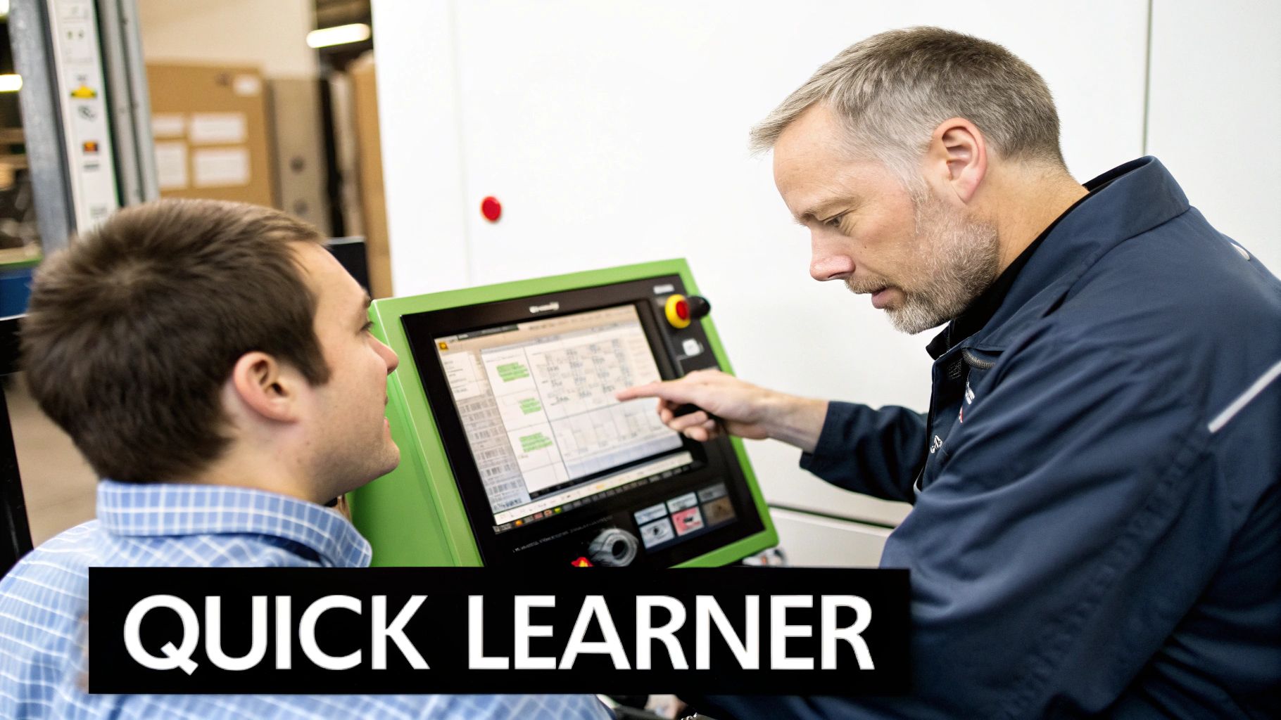 An experienced worker explains controls on a green industrial screen to a younger trainee.