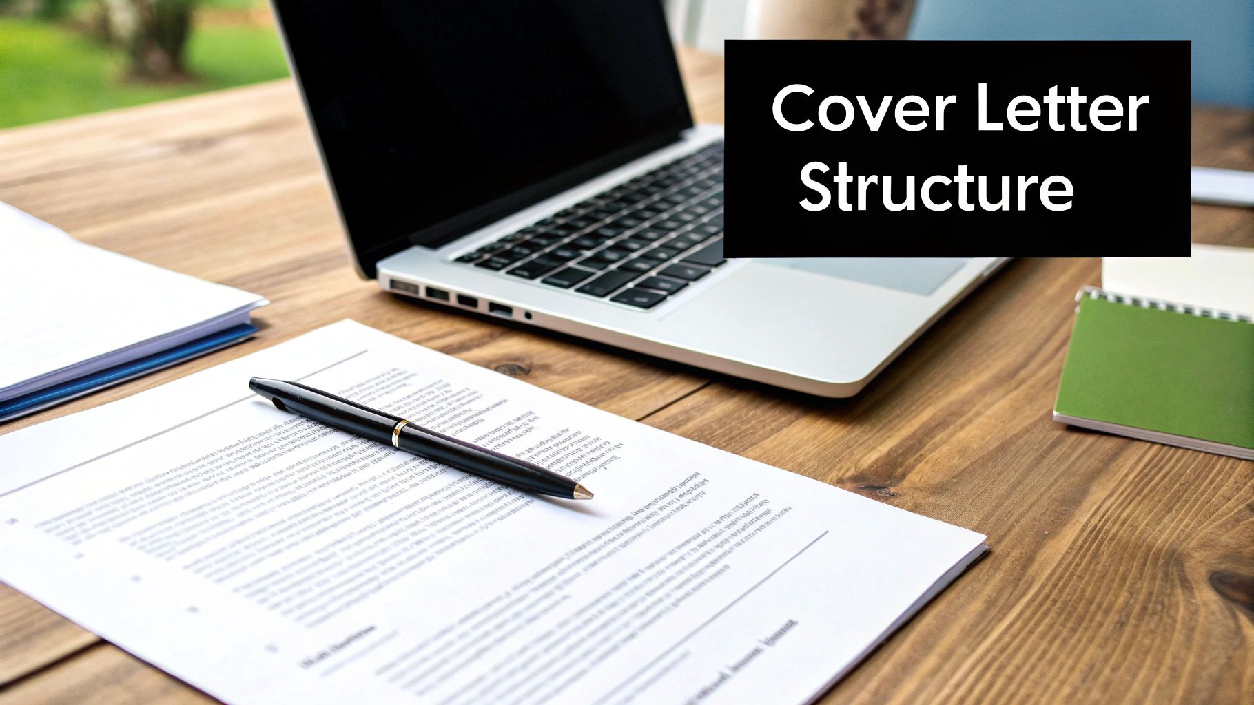 A desk with a laptop, documents, and a pen, featuring a 'Cover Letter Structure' title.