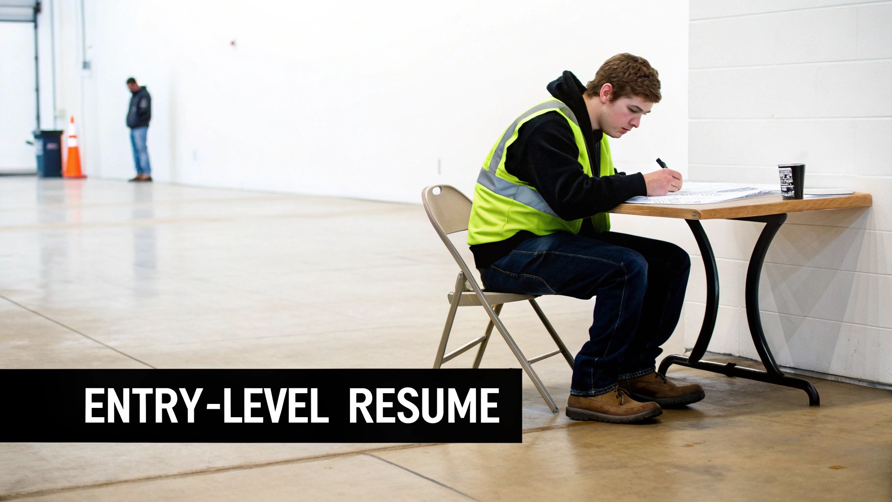 A young worker in a safety vest meticulously fills out an entry-level resume at a simple desk.