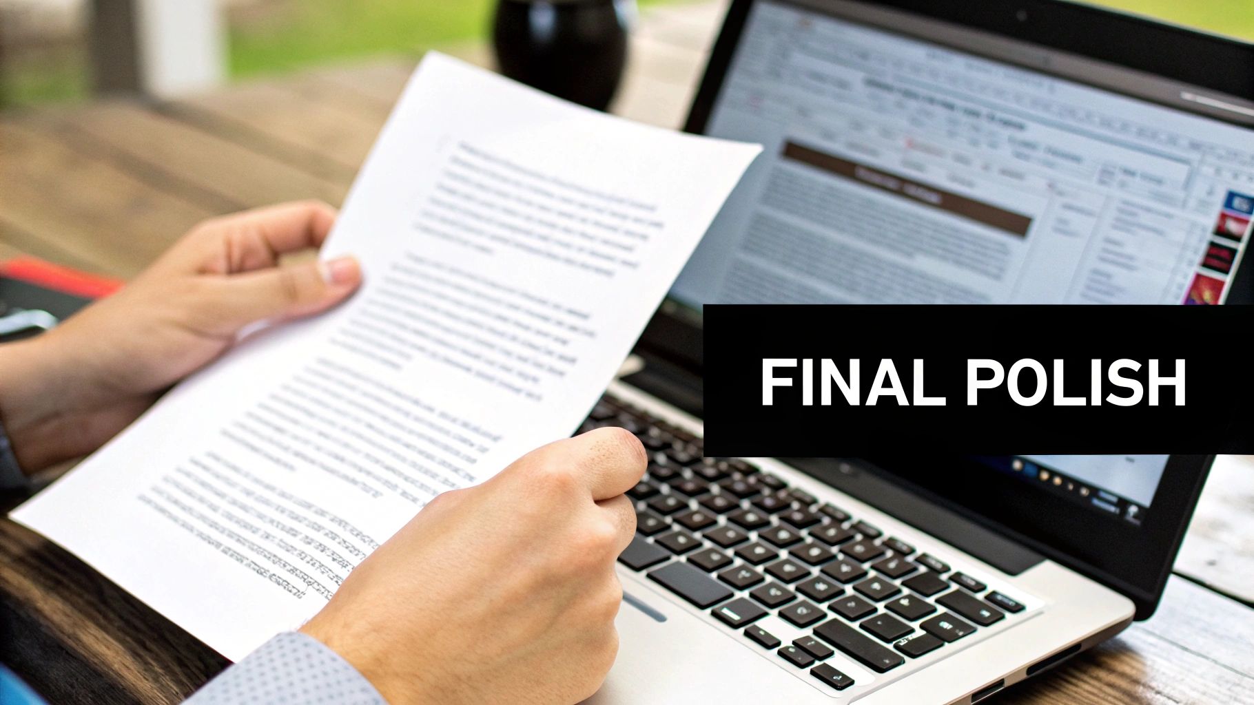 A person holds a document, reviewing it for a final polish, with a laptop in the background.