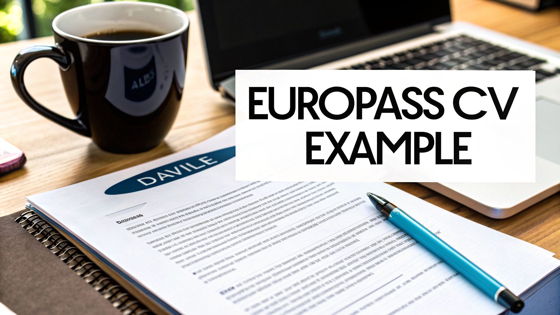 A desk setup featuring a laptop, a coffee mug, a pen, and a document displaying 'EUROPASS CV EXAMPLE'.