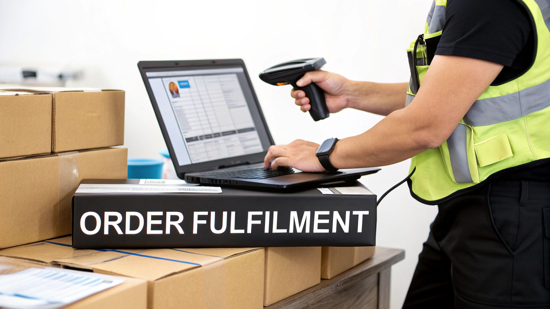 A warehouse worker scans packages for order fulfillment using a laptop and barcode scanner.