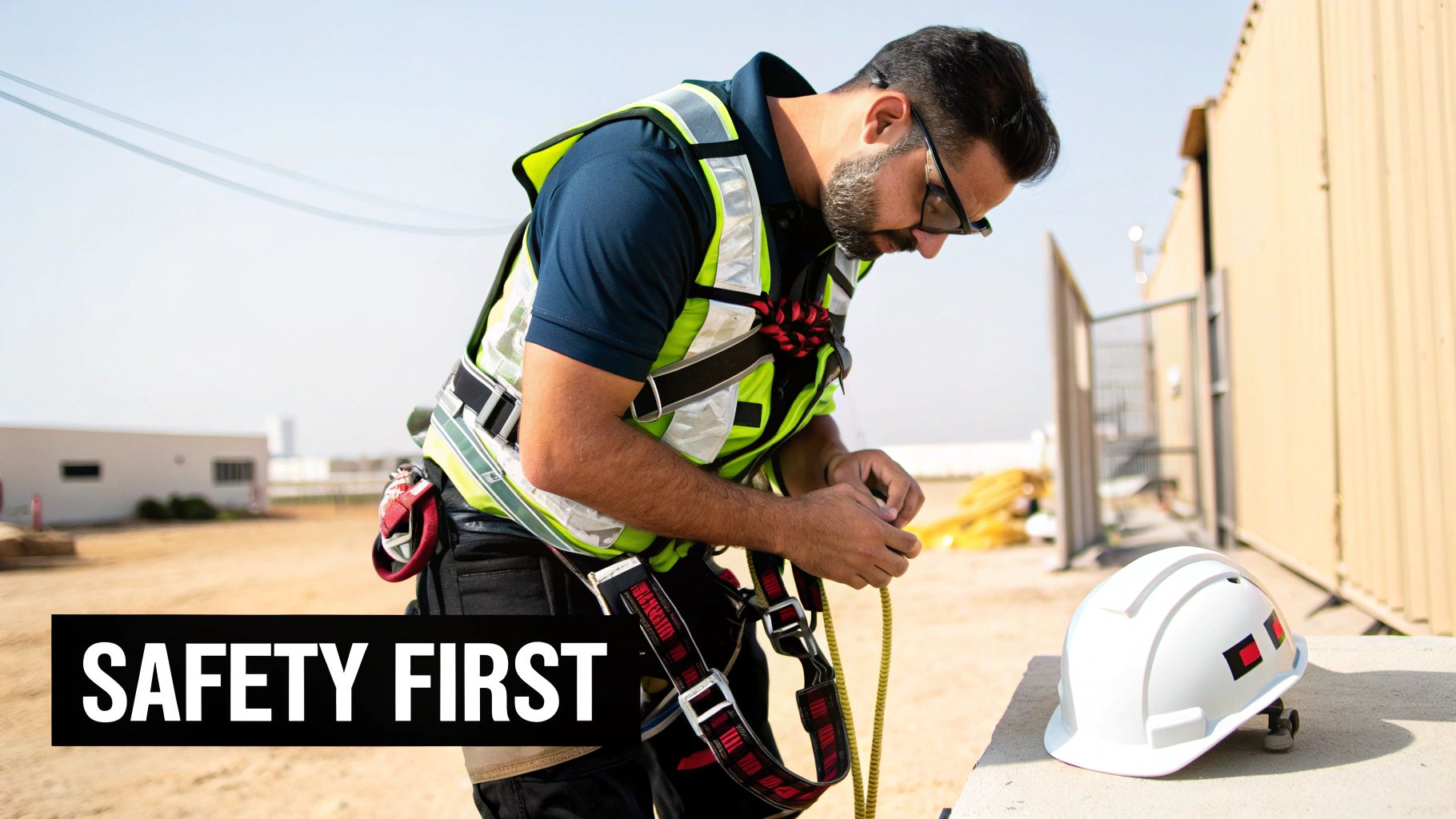 A worker in a safety vest and harness adjusts a rope on a construction site next to a hard hat.