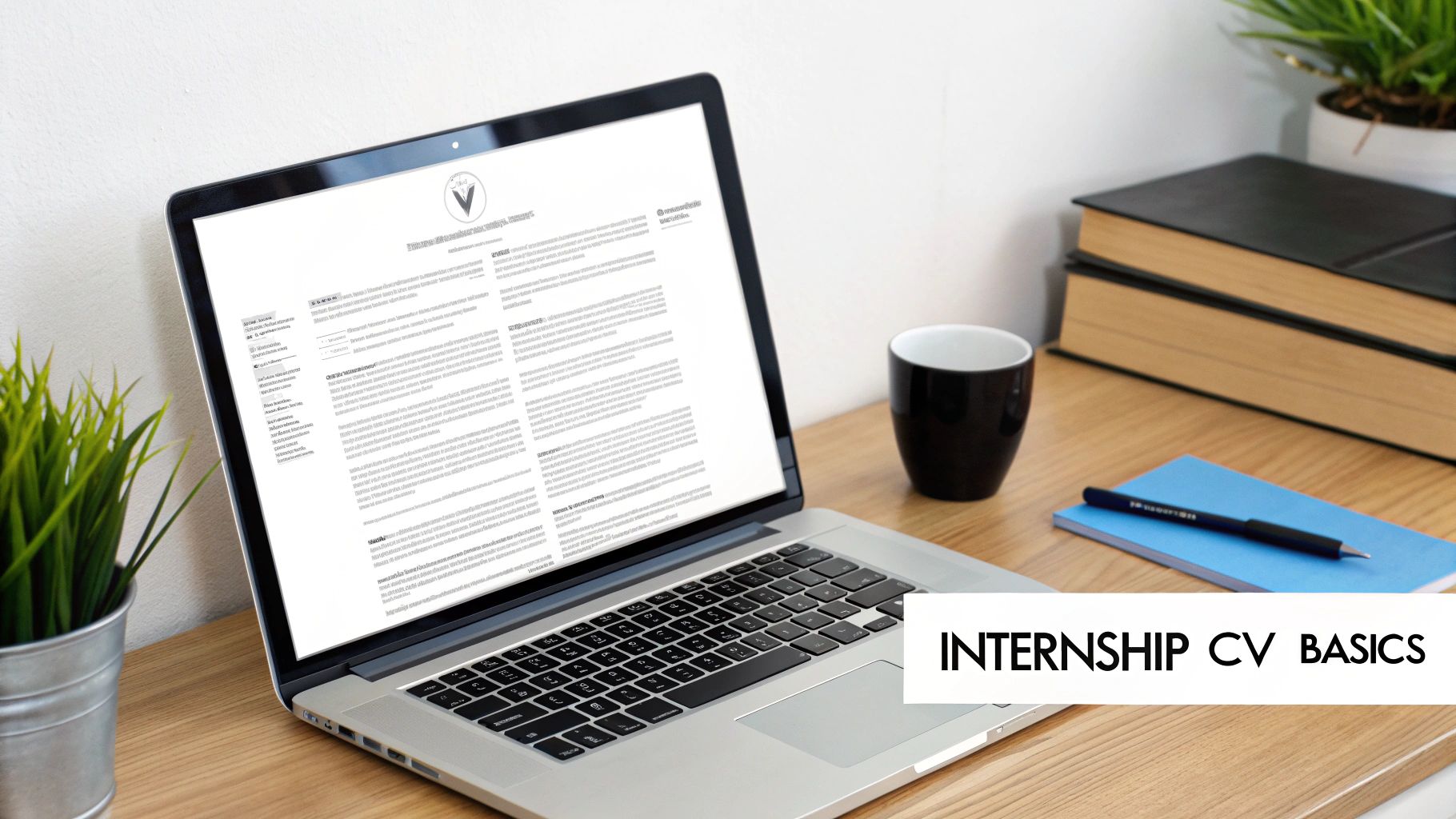 A laptop displays an internship CV document on a wooden desk with a coffee mug and books.