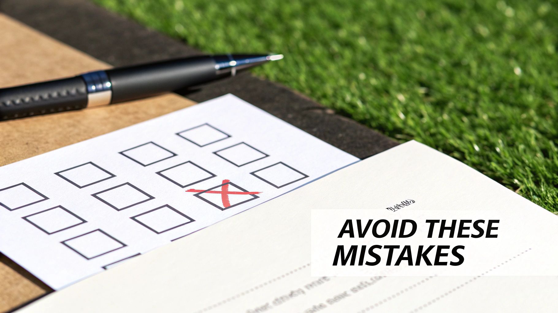 A pen rests on a checklist paper with a red 'X' mark, near a document saying 'AVOID THESE MISTAKES'.