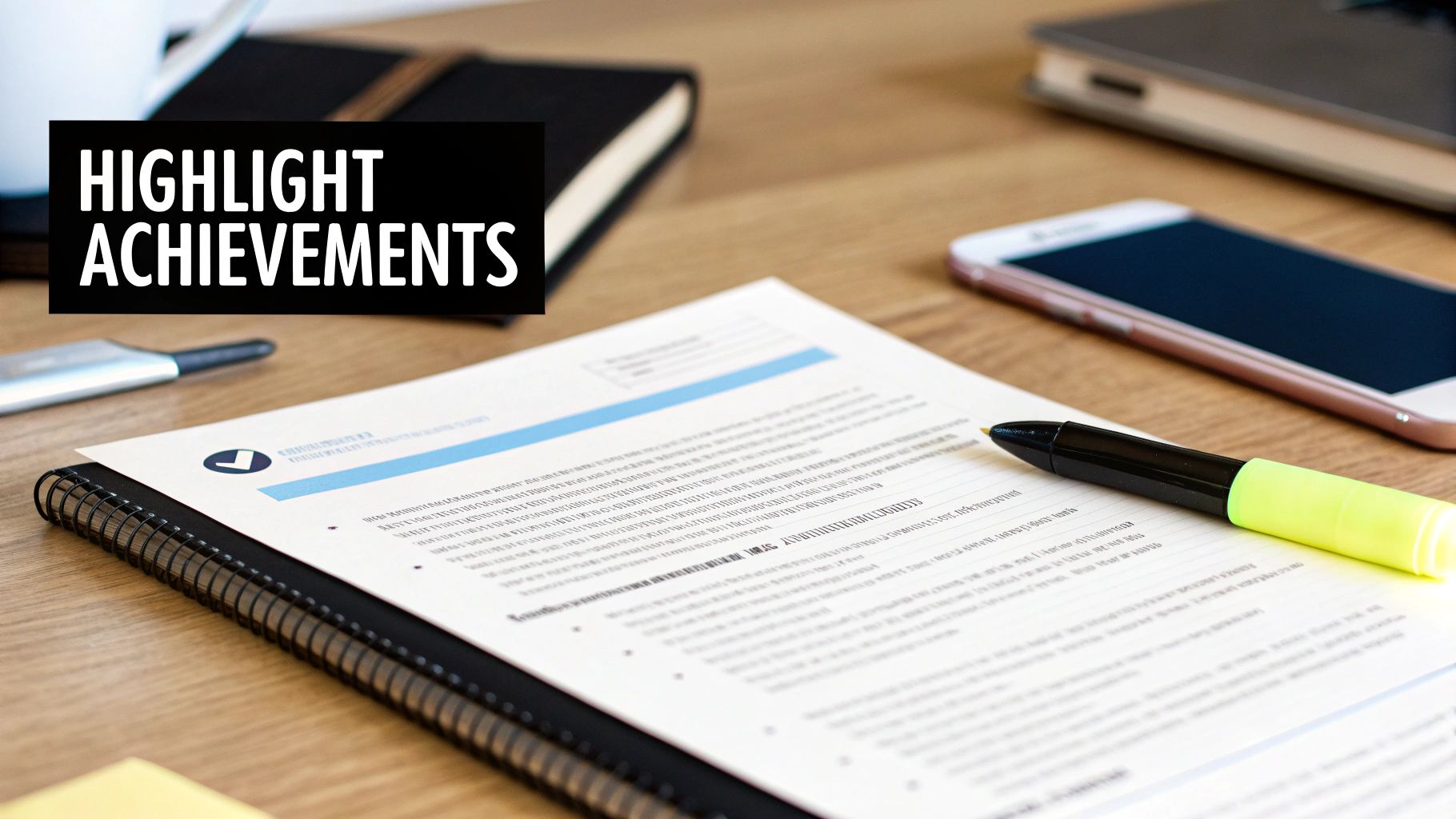 A desk with a resume document, highlighter, smartphone, and notebook, with 'HIGHLIGHT ACHIEVEMENTS' text overlay.