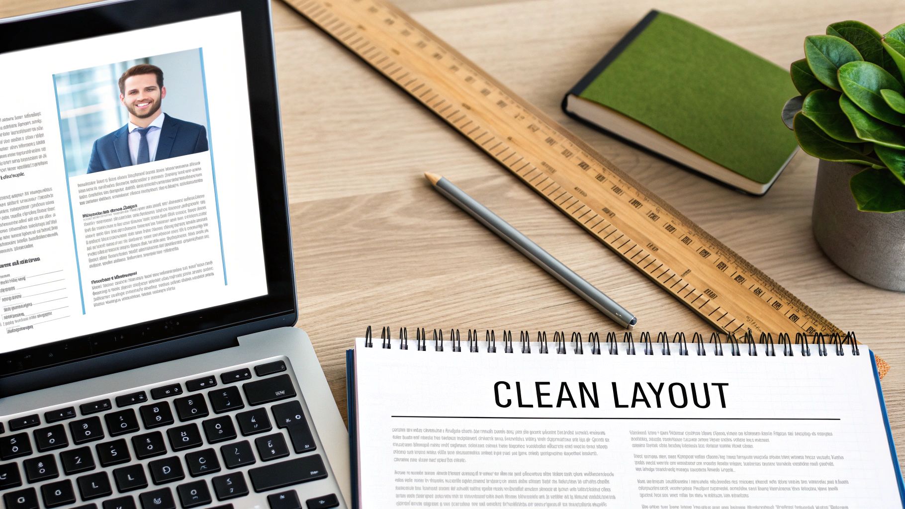 Professional workspace with a laptop displaying a resume, a notebook titled 'CLEAN LAYOUT', ruler, and green plant on a wooden desk.