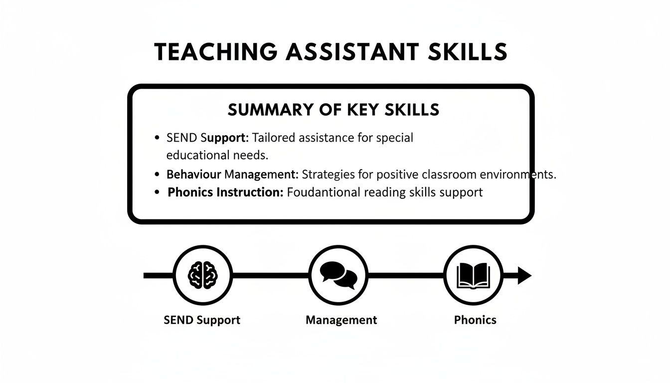 A summary of key teaching assistant skills: SEND support, behavior management, and phonics instruction.