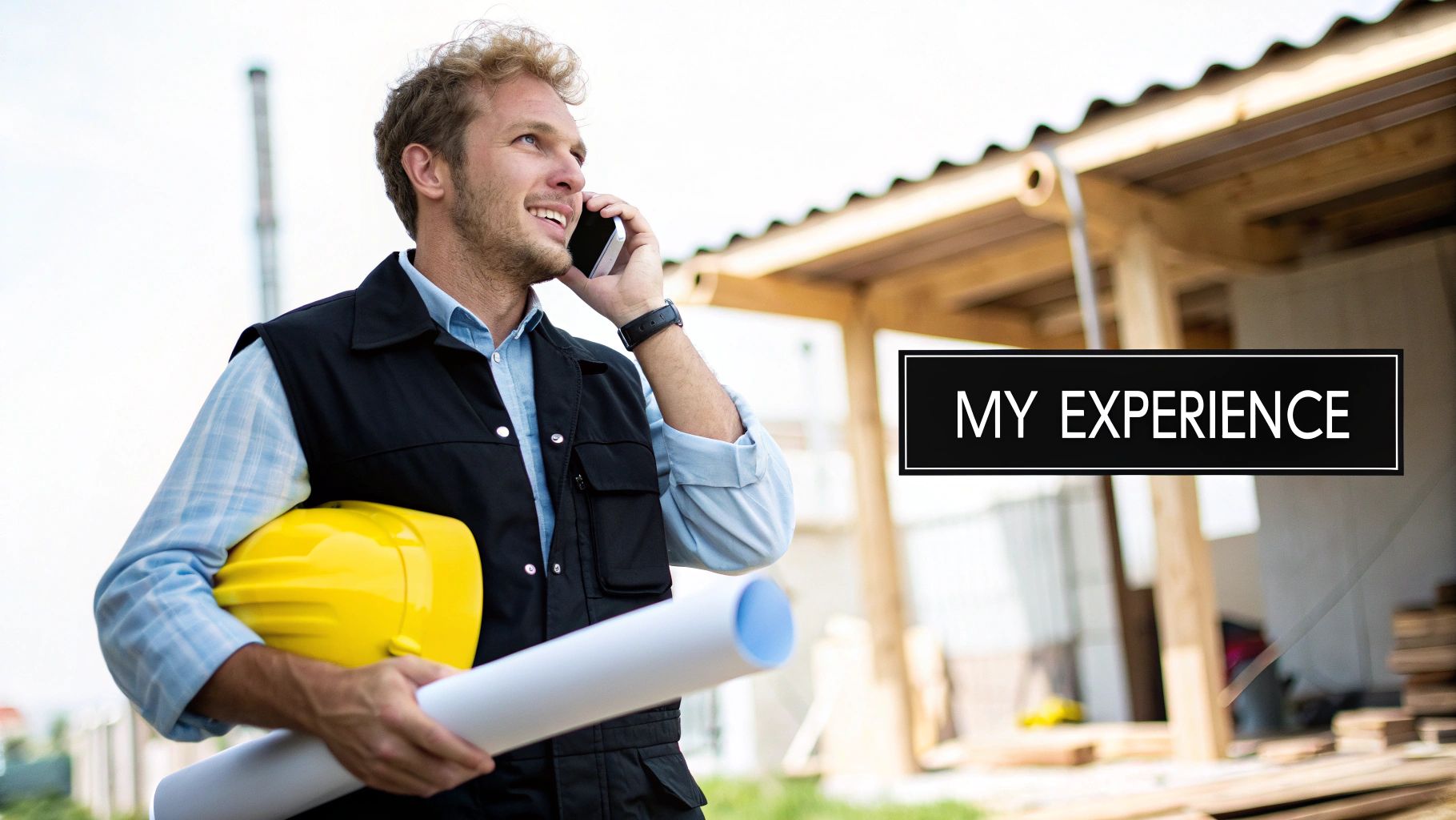 Smiling man in safety vest holding hard hat and blueprints, talking on phone at a construction site.