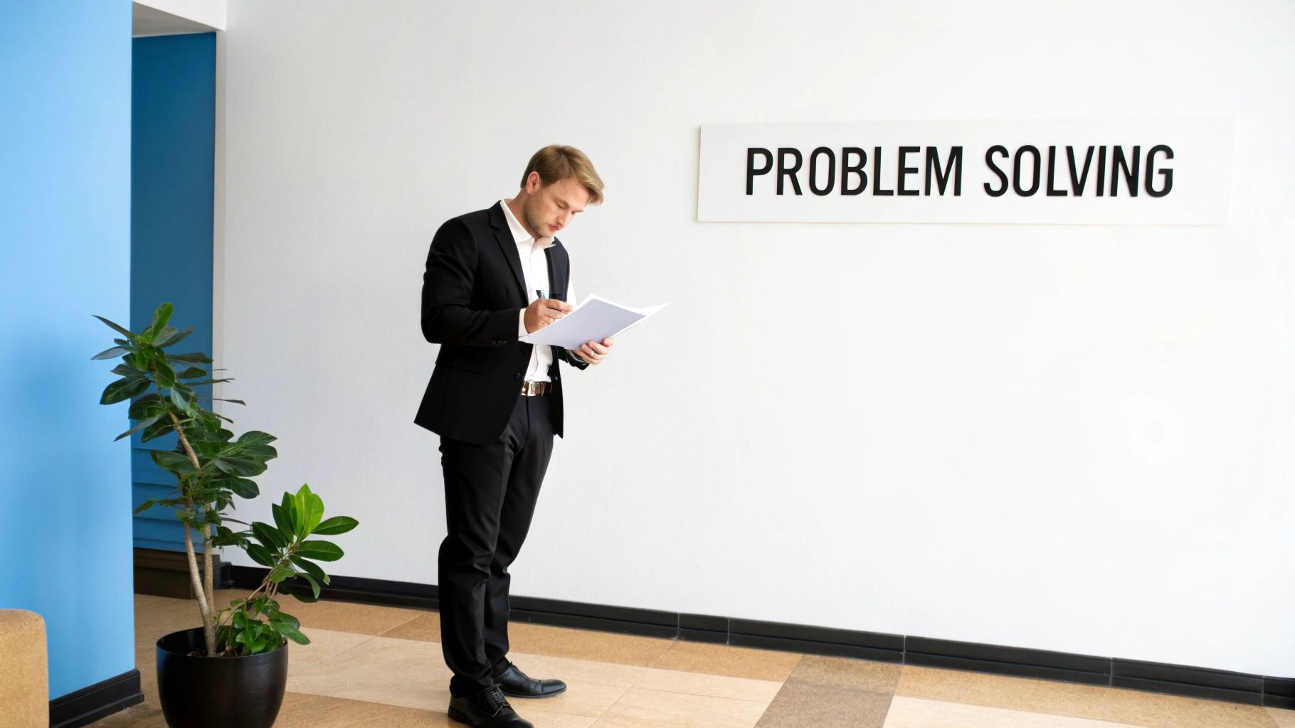 A man in a black suit writes on papers next to a 'PROBLEM SOLVING' sign on a white wall.