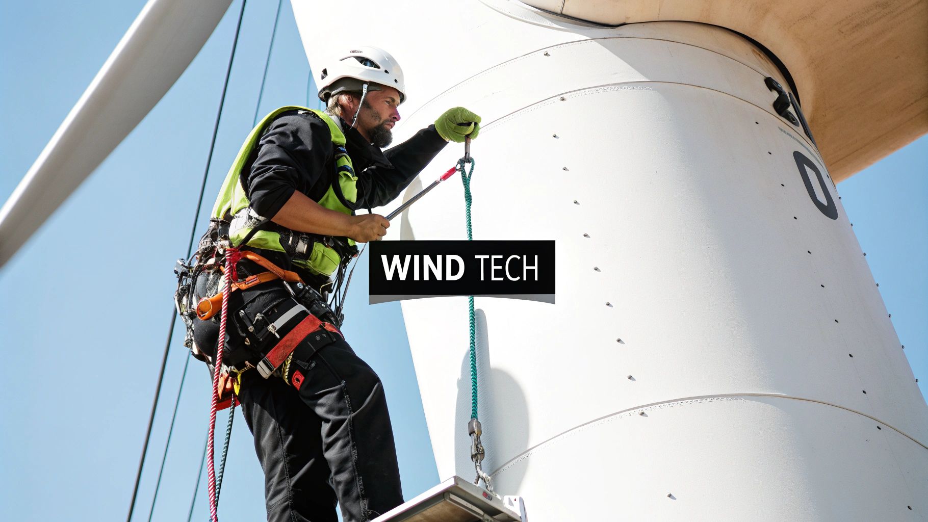 A wind turbine technician in safety gear, harness, and helmet working on a large white wind turbine.