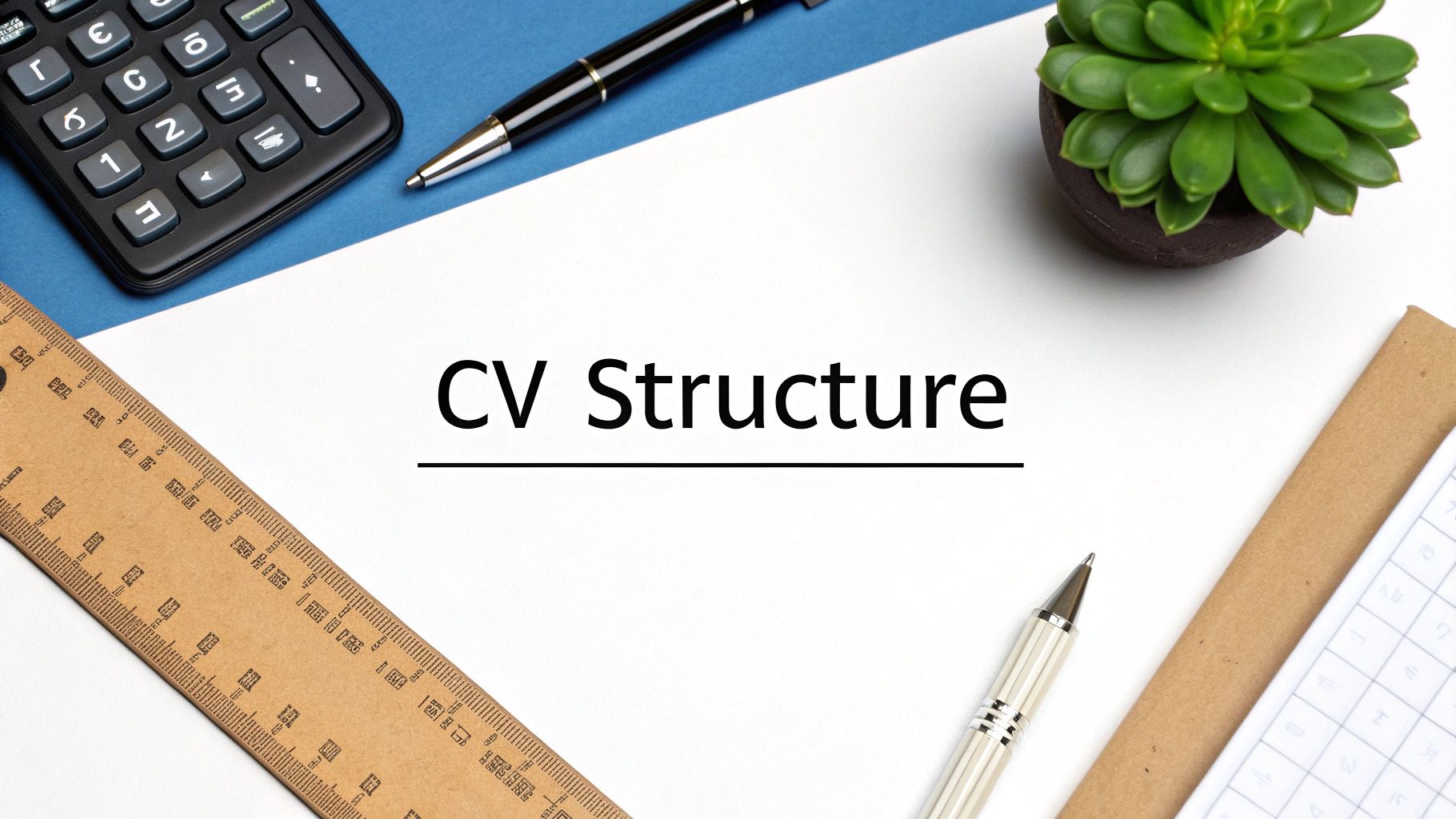 A flat lay image of a workspace with the words 'CV Structure' on a white paper, surrounded by office supplies like a calculator, pens, and a ruler.