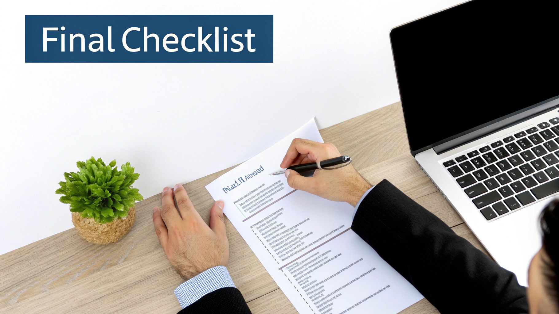 A person's hands on a wooden desk, writing on a final checklist document next to a laptop and a small plant.