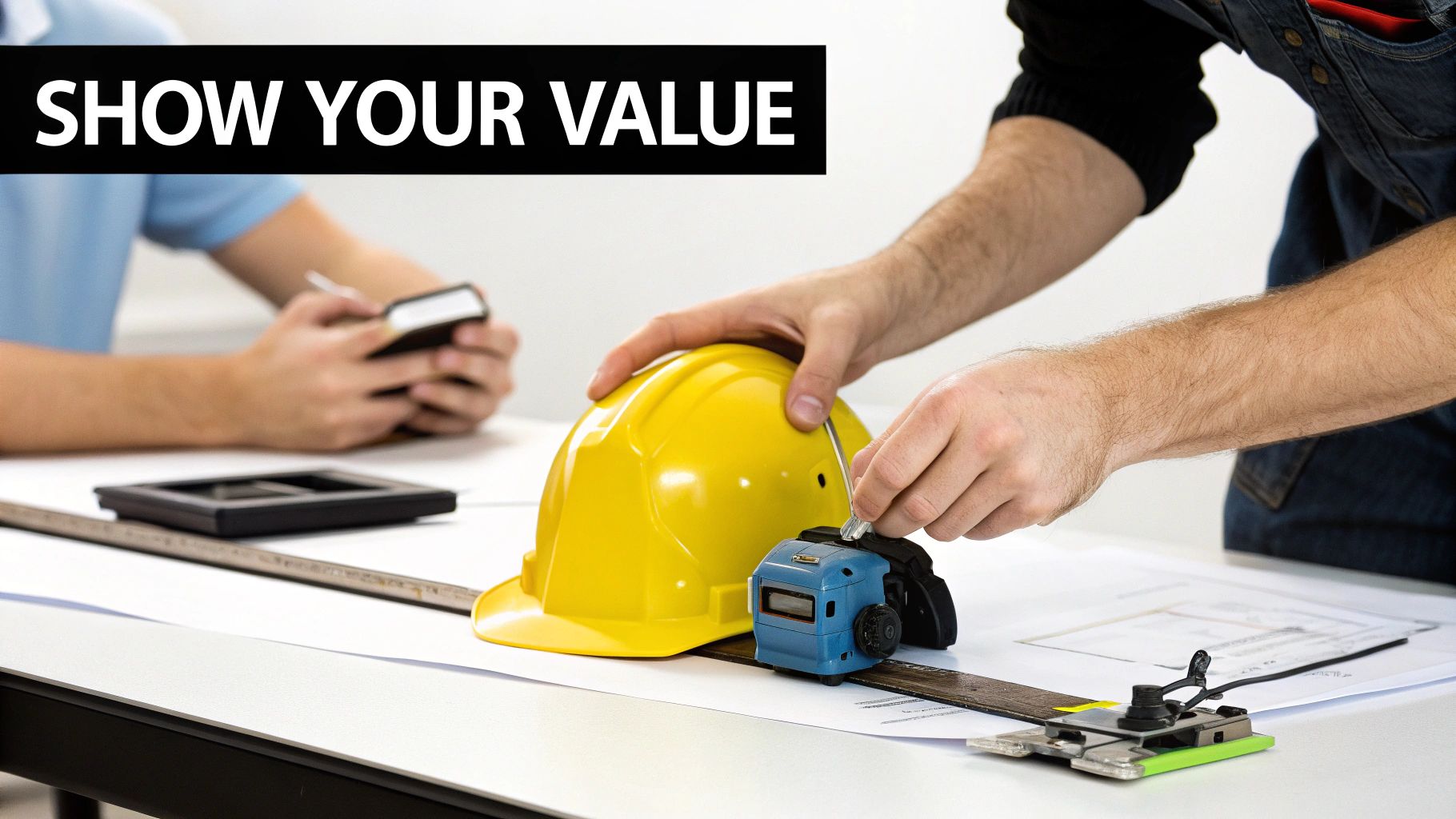 Construction worker with hard hat and tools on blueprints, demonstrating professional value at work.