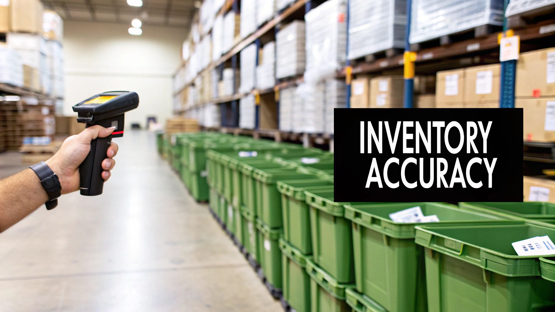 A hand holds a barcode scanner in a warehouse aisle with shelves, boxes, and green bins, highlighting inventory accuracy.