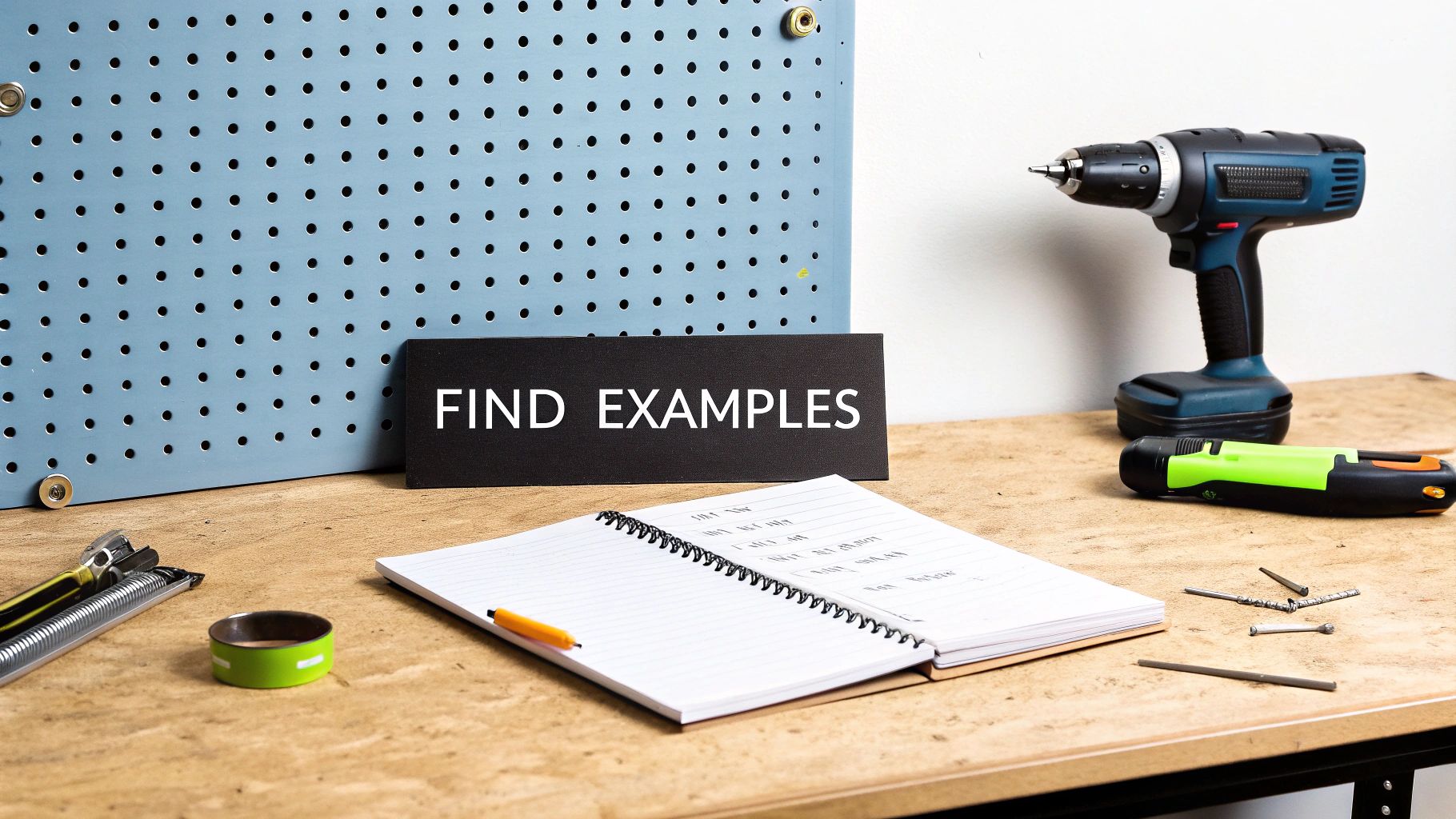 A workshop desk with a pegboard, drill, open notebook, pencil, and a 'FIND EXAMPLES' sign.