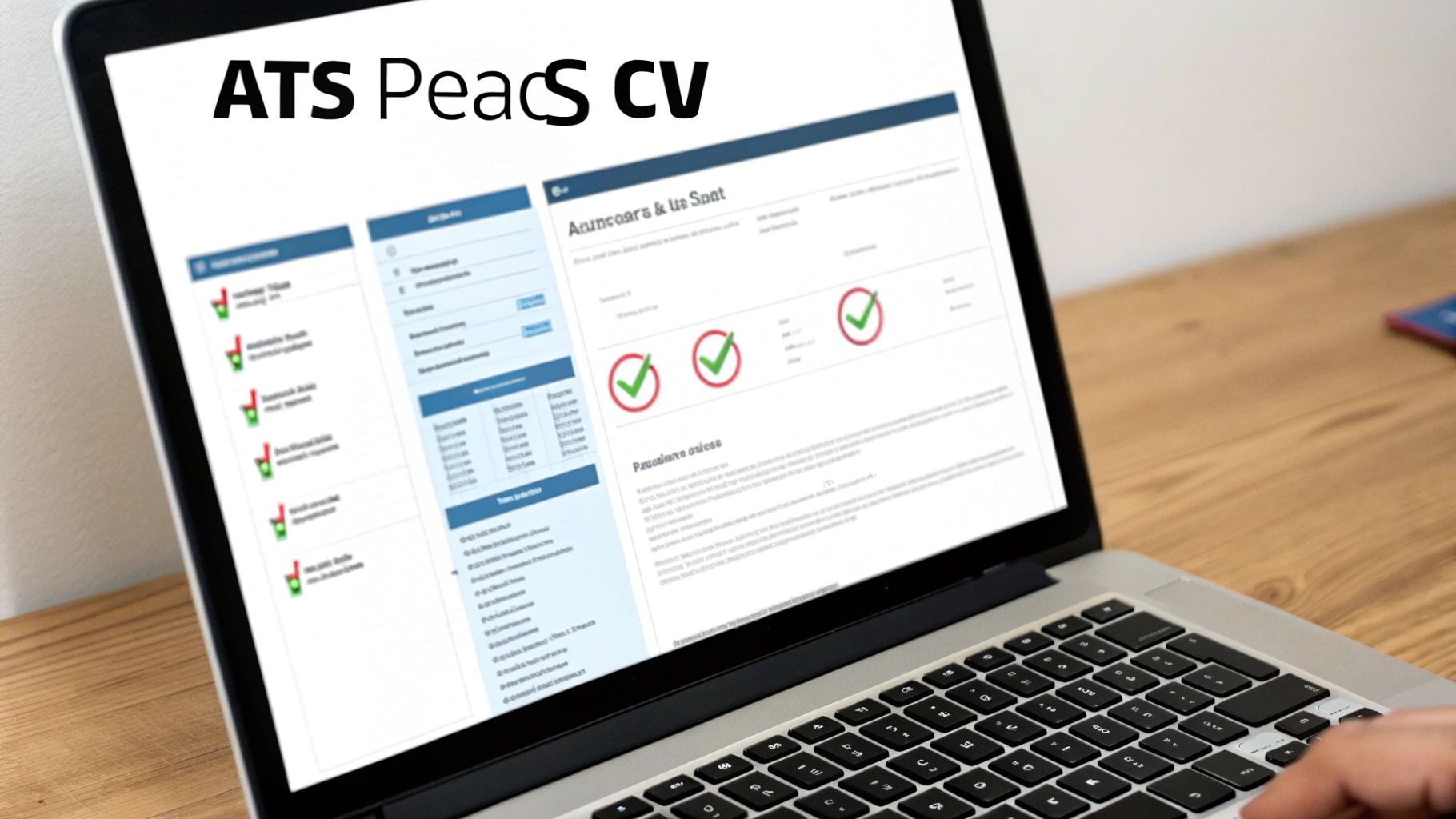 A laptop displaying an ATS PeacS CV application interface with various sections and green checkmarks, being used.