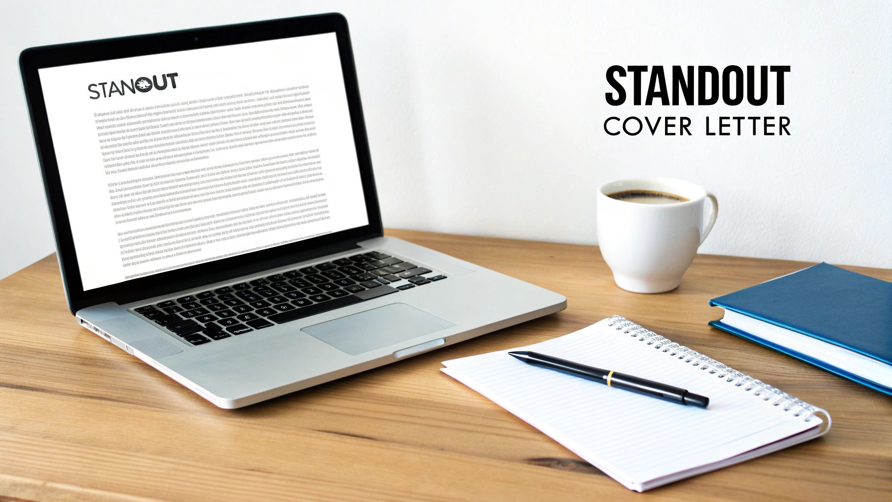 A laptop displaying a "STANDOUT" cover letter, with coffee, a notebook, and a pen on a wooden desk.