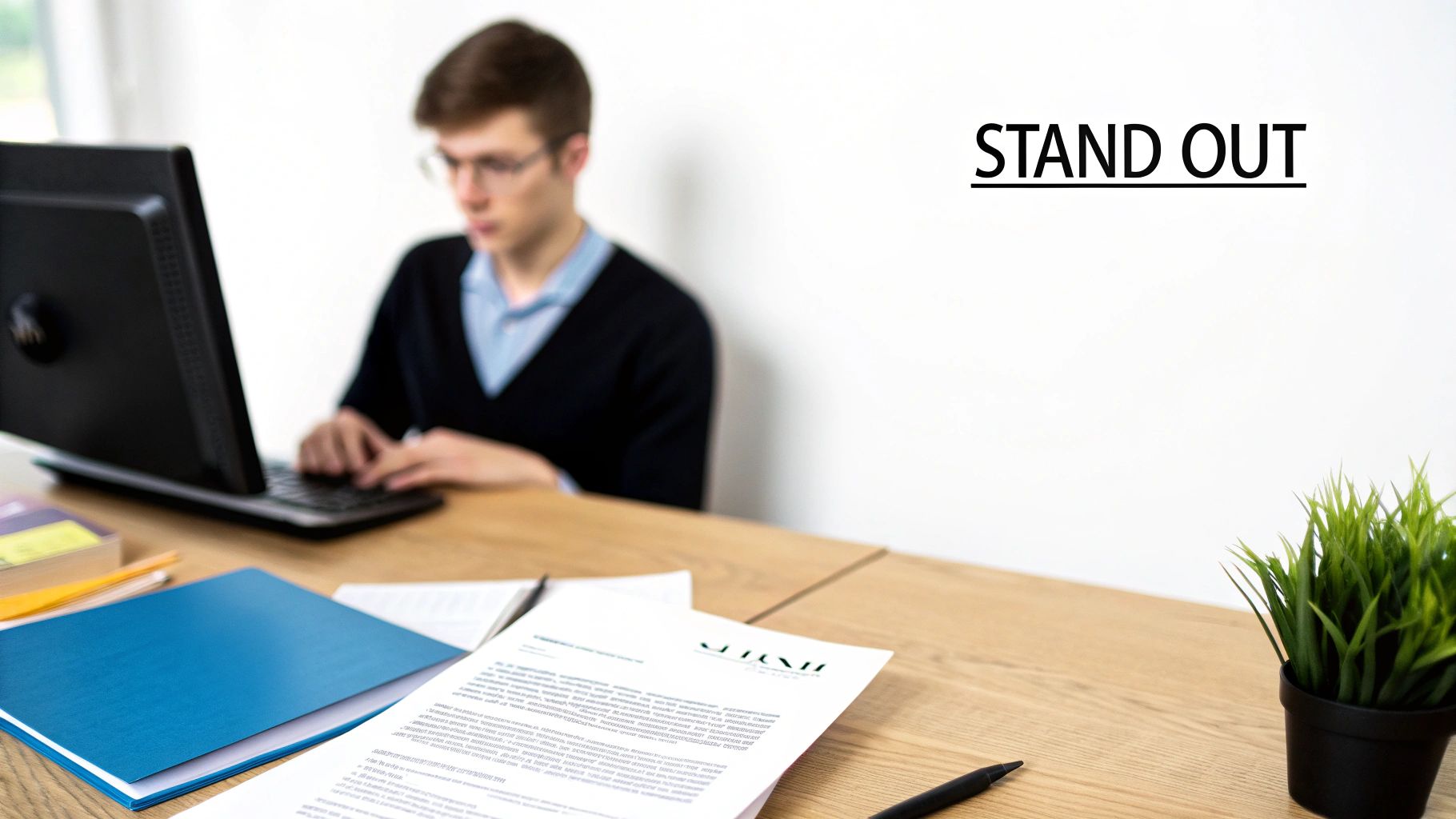 A blurred person types on a computer at a wooden desk with documents, a blue folder, and a plant. 'STAND OUT' text is on the wall.
