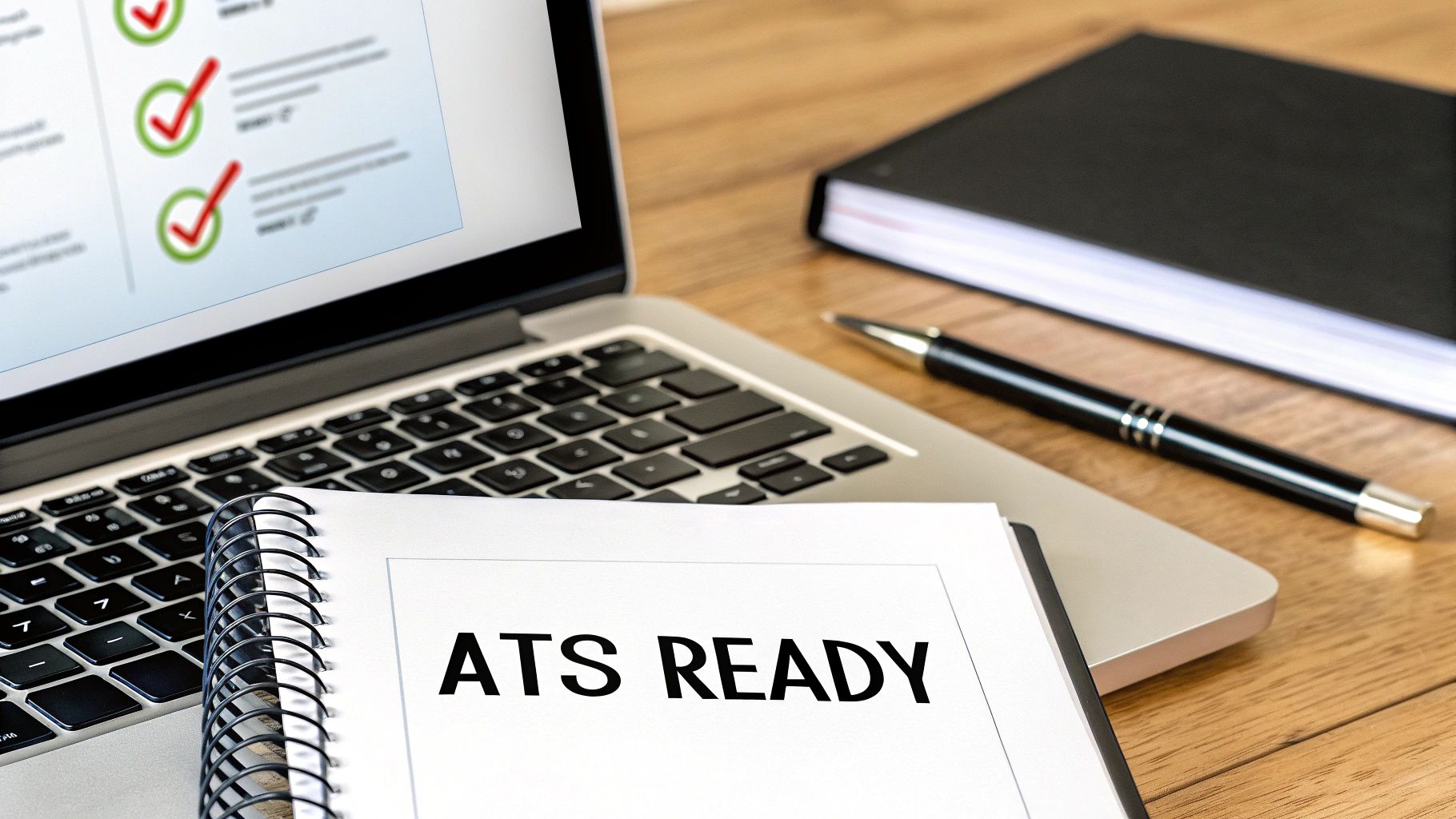 A laptop with a checklist, an 'ATS READY' notebook, a pen, and a black journal on a wooden desk.
