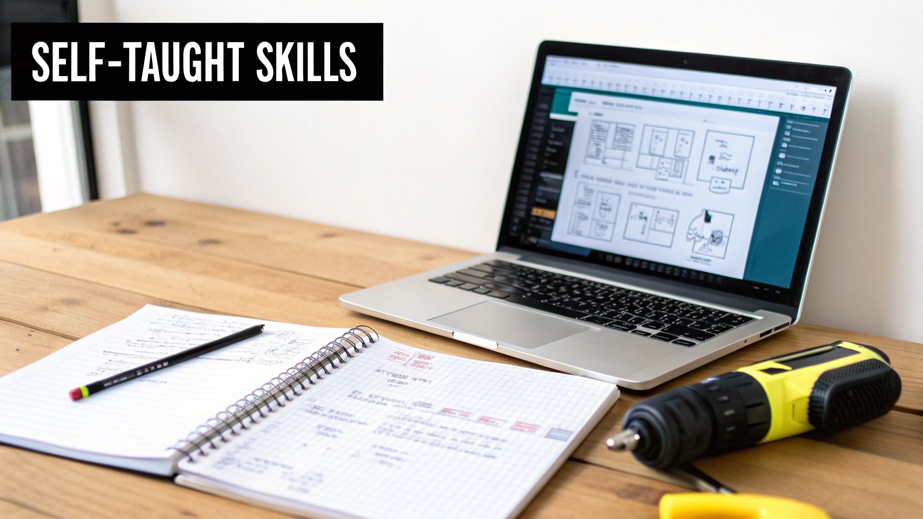 A wooden desk with a laptop, open notebook, pencil, and a yellow cordless drill, symbolizing self-taught skills.