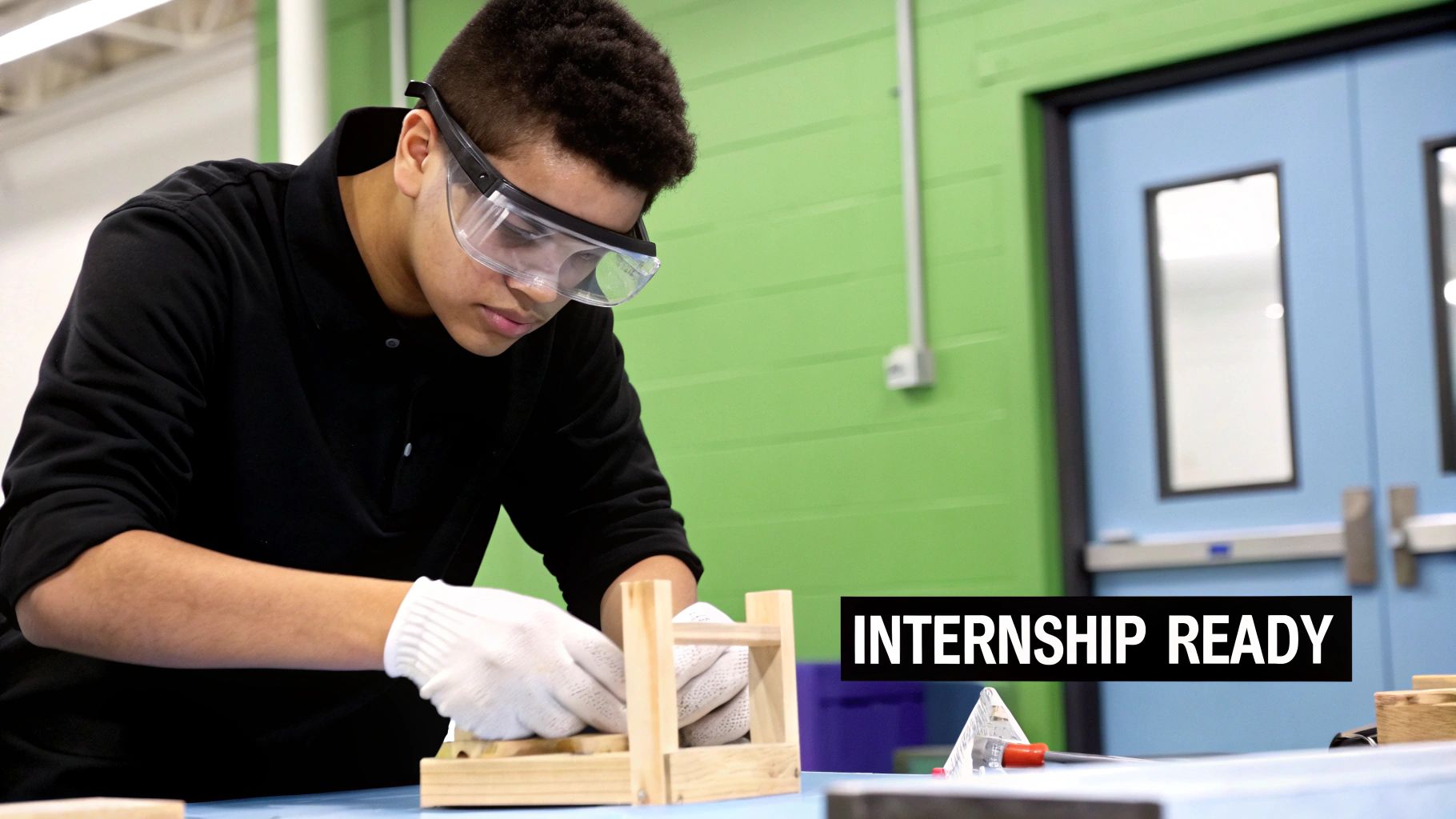 A student wearing safety goggles and gloves carefully works on a wooden craft project.