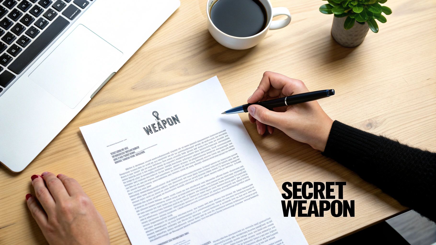 Overhead shot of a person writing on a document titled 'WEAPON' on a desk with a laptop and coffee.