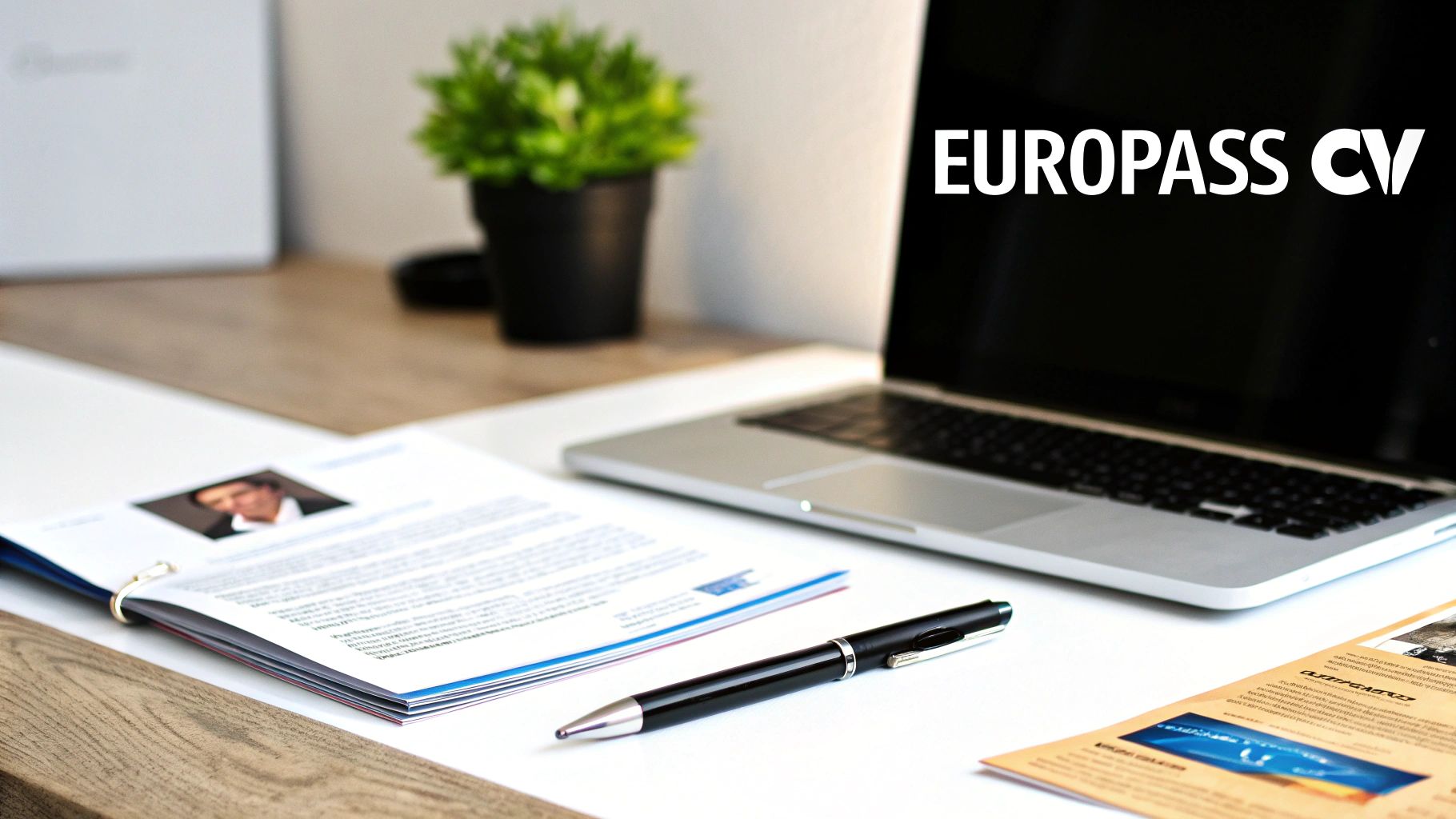 A desk setup featuring a laptop displaying 'EUROPASS CV', a printed resume, and a pen.