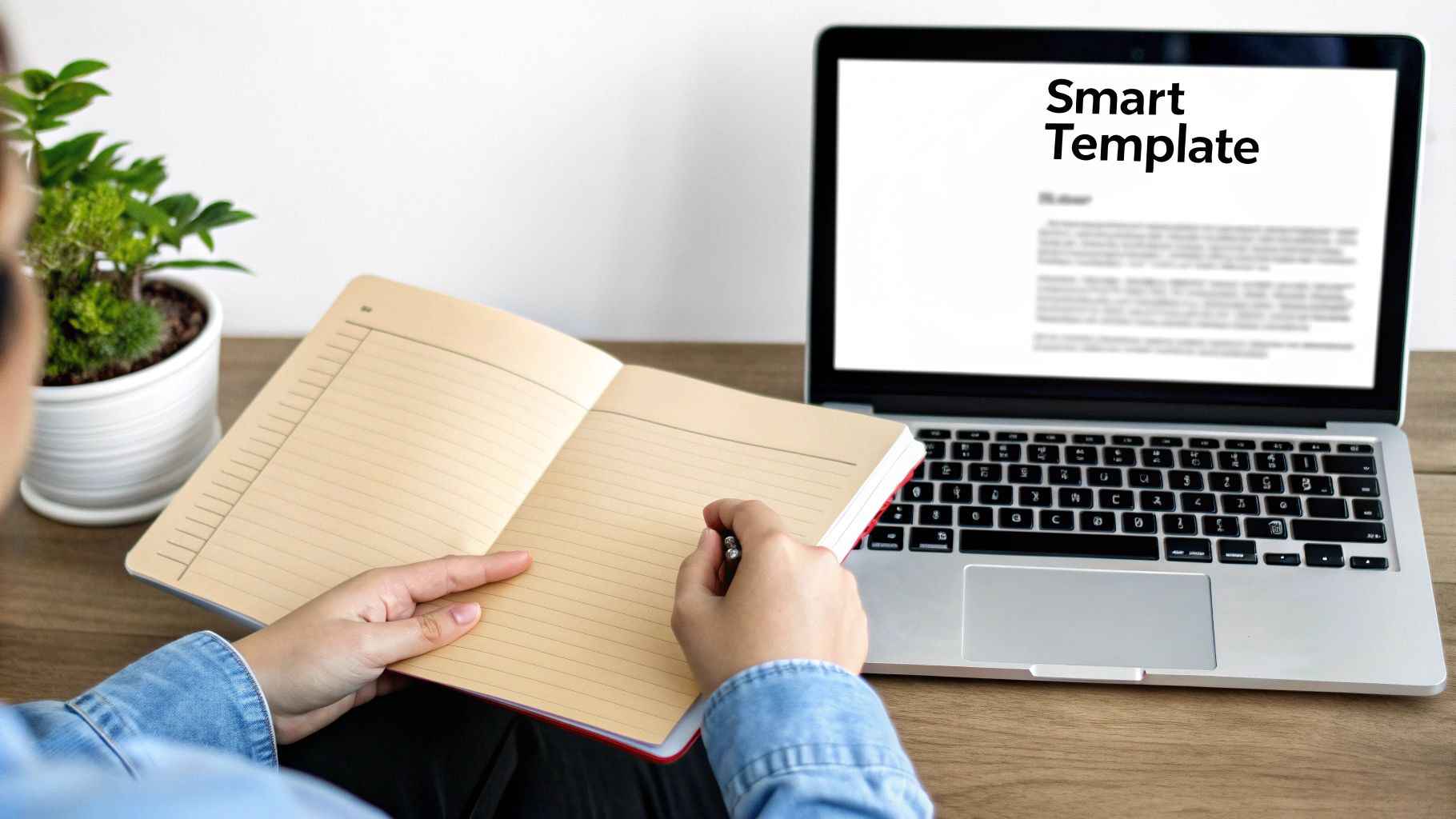 Person holding an open notebook and pen, looking at a laptop displaying a 'Smart Template'.