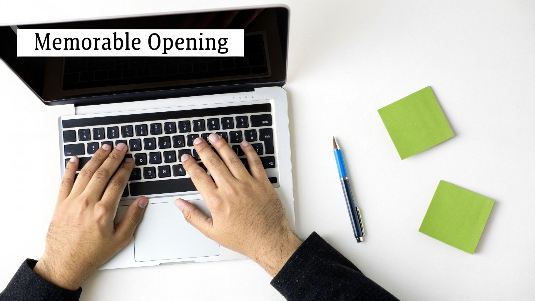 Top-down view of hands typing 'Memorable Opening' on a laptop, with a pen and green sticky notes.